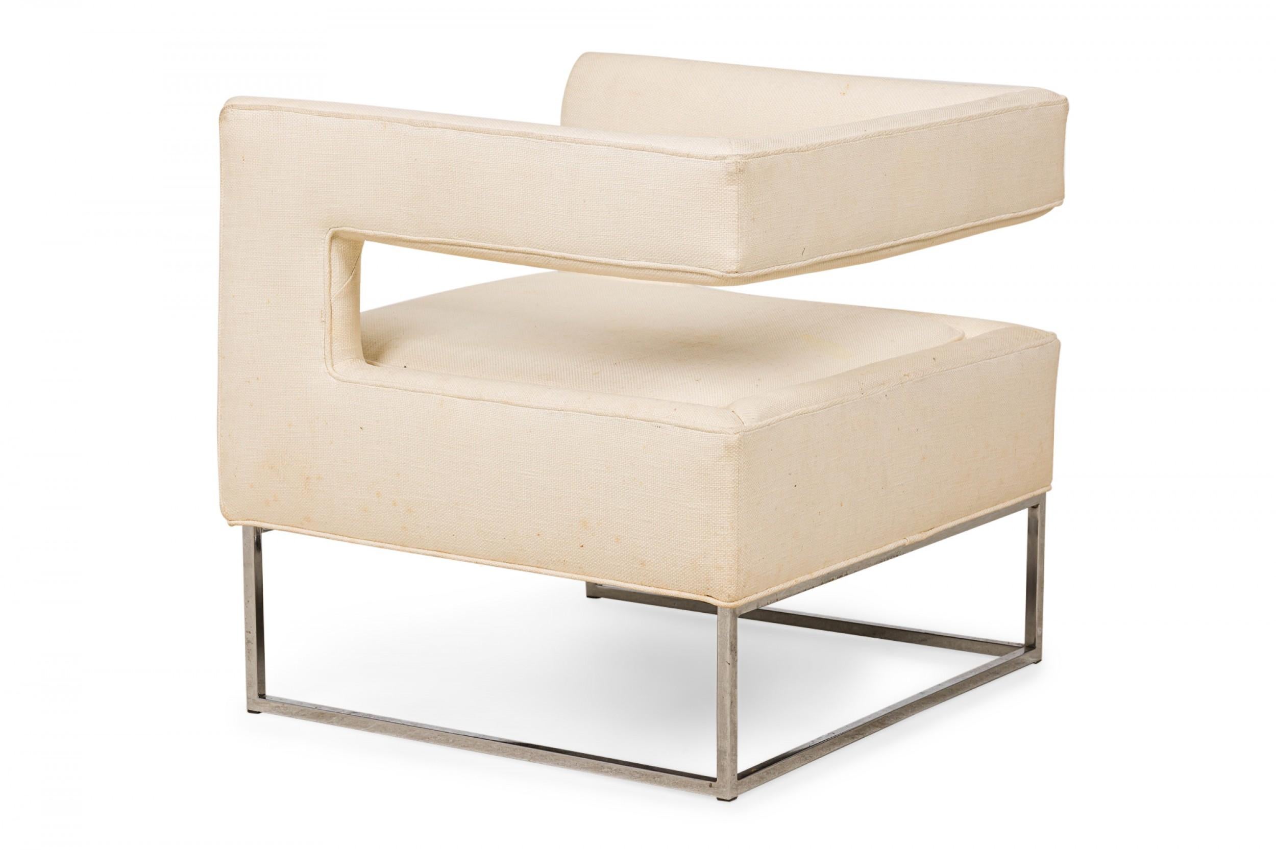 Flair Contemporary American Chrome and Beige Fabric Upholstered Open Back Cube In Good Condition For Sale In New York, NY