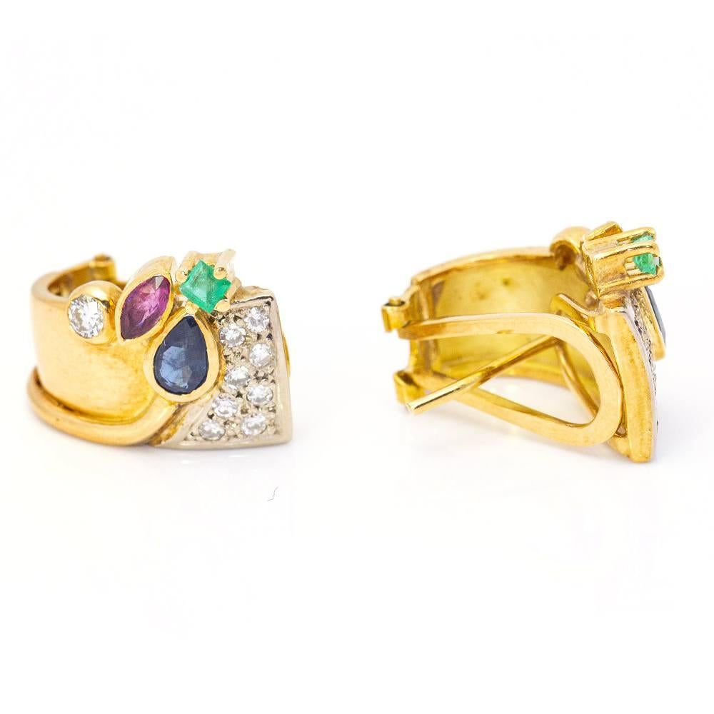 FLAIR Earrings in Gold and Gemstones In Excellent Condition For Sale In BARCELONA, ES