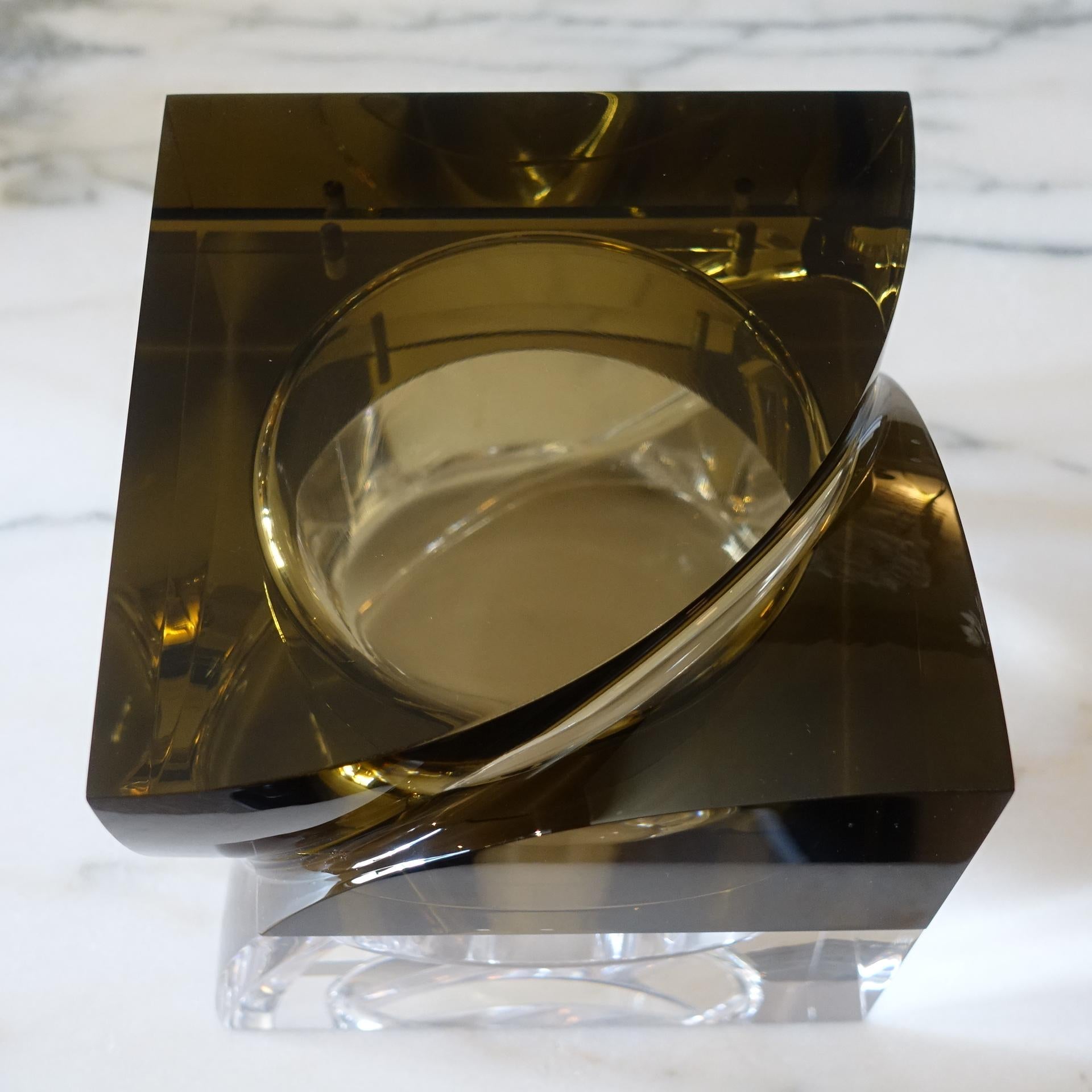 Big square box in amber and clear lucite, hinged top, part of the Flair Edition collection, Italy, 2021.