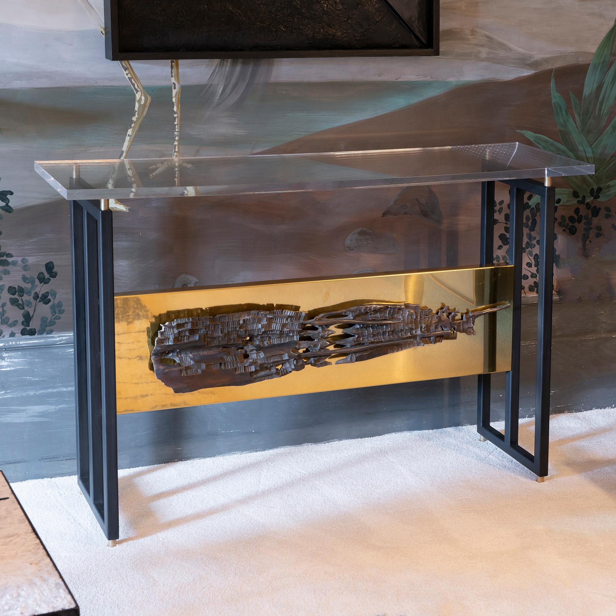 Brutalist Flair Edition Contemporary Steel and Brass Console, Vintage Bronze Frieze