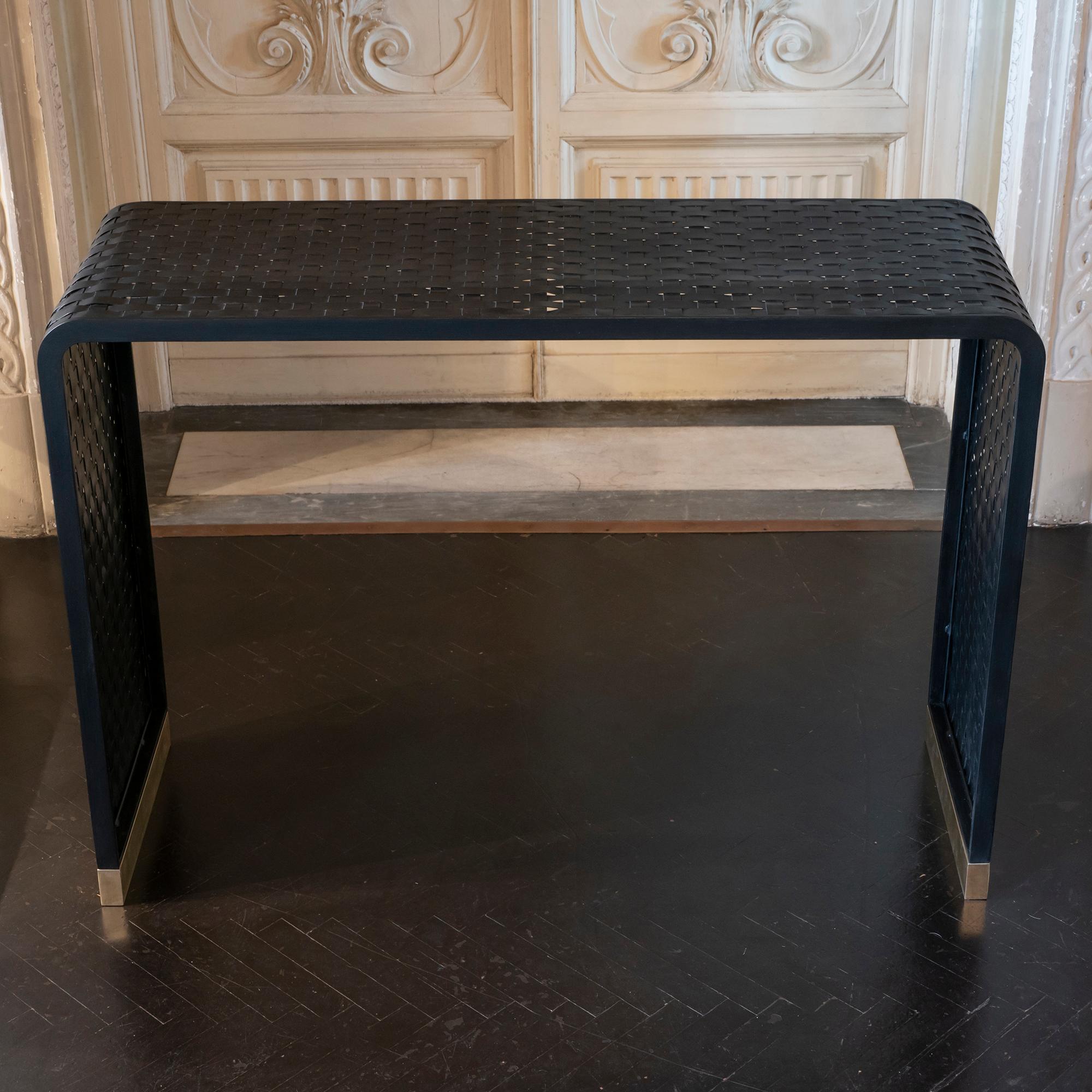 Hand-Woven Flair Edition “Intreccio” Console In Black Steel and Natural Brass, Italy, 2022 For Sale