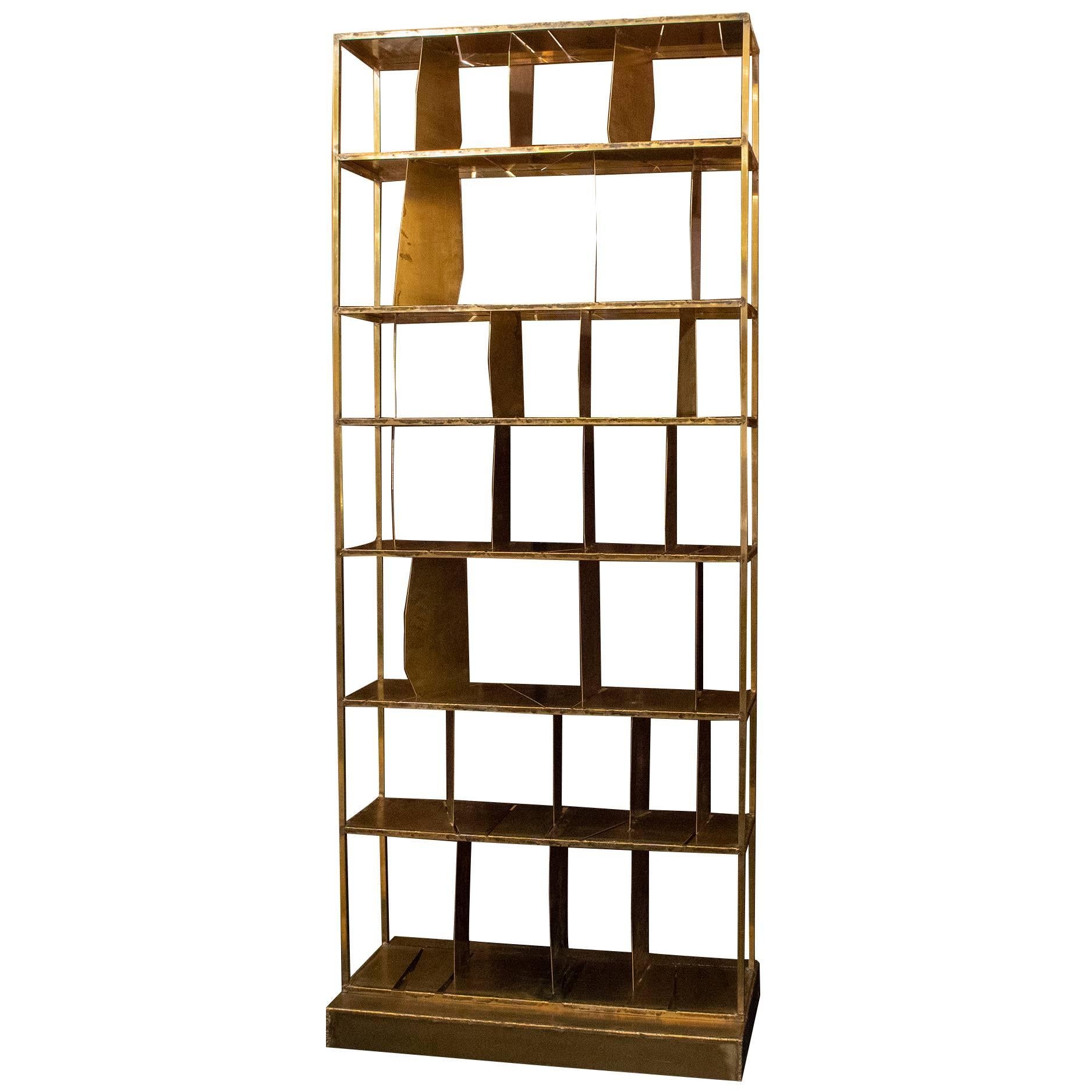 Flair Edition Natural Brutalist Brass Bookcase For Sale