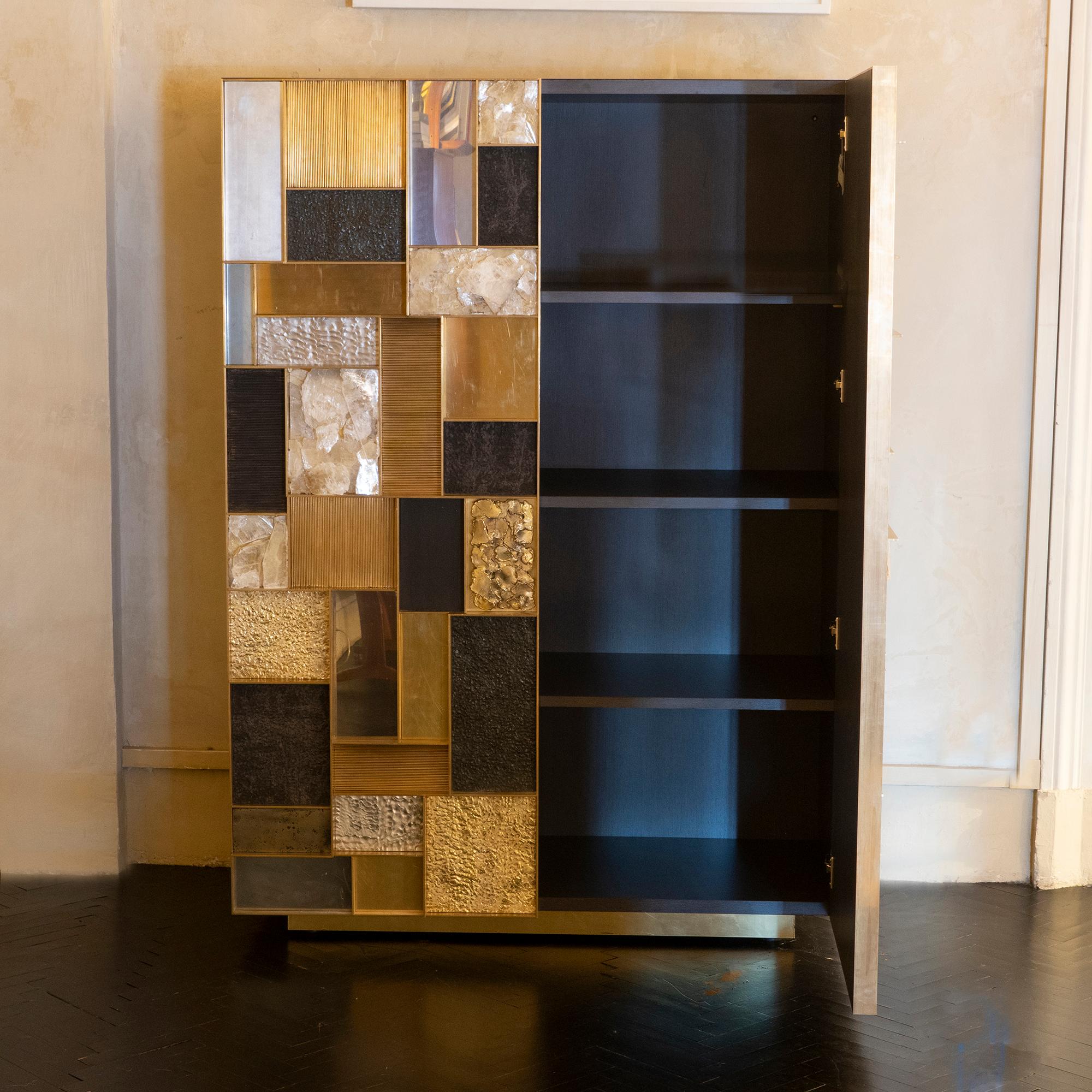 Italian Flair Edition One of a Kind Tall Cabinet in Brass/Steel/Gypsum Crystal, 2018