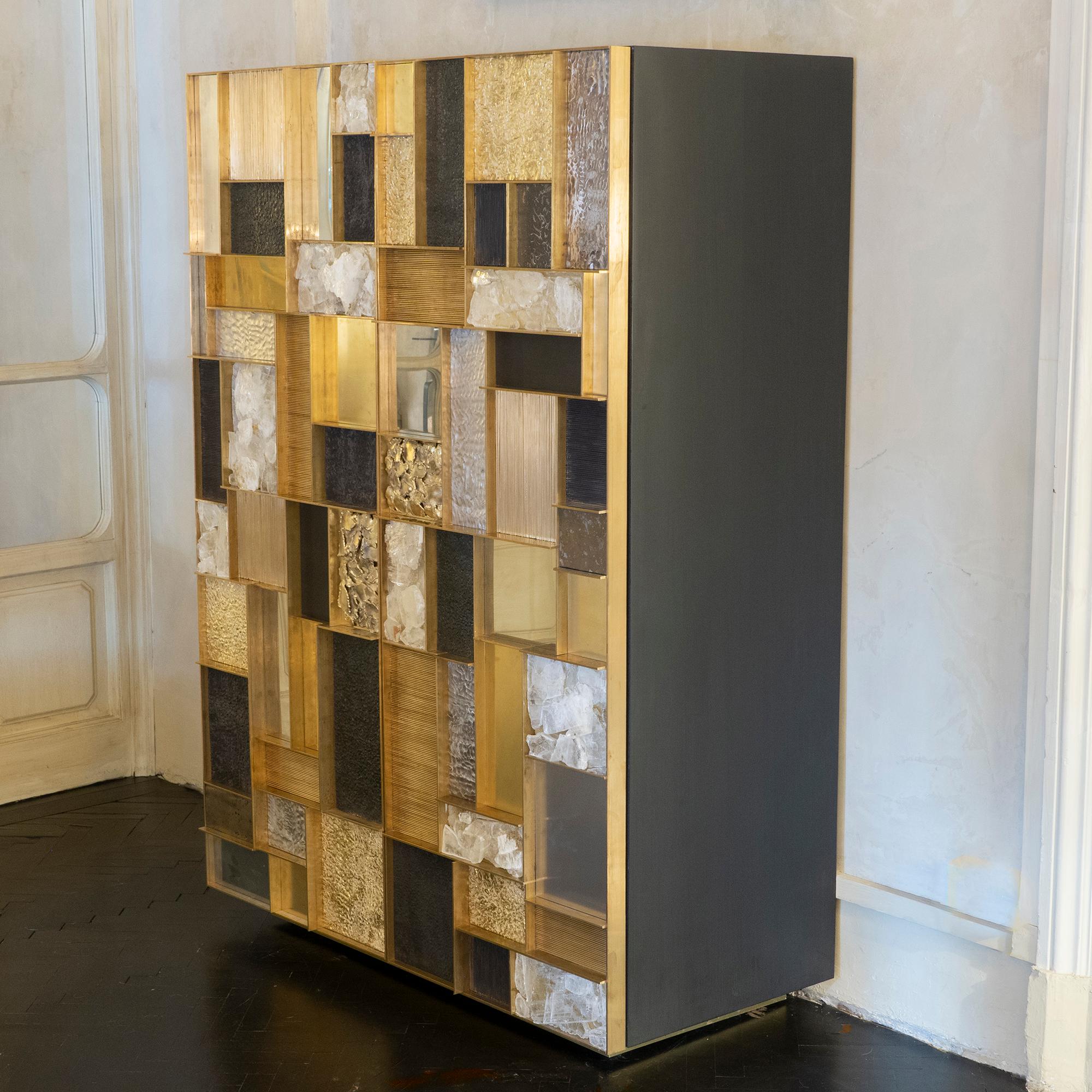 Contemporary Flair Edition One of a Kind Tall Cabinet in Brass/Steel/Gypsum Crystal, 2018