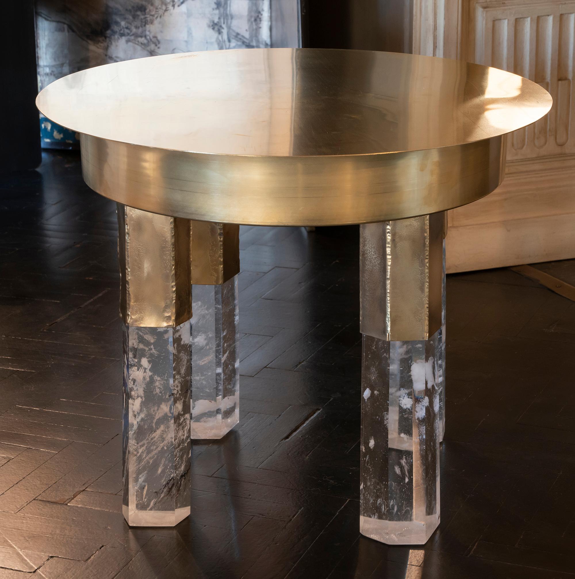 Flair Edition Unique Round Side Table, Natural Brass and Rock Crystal