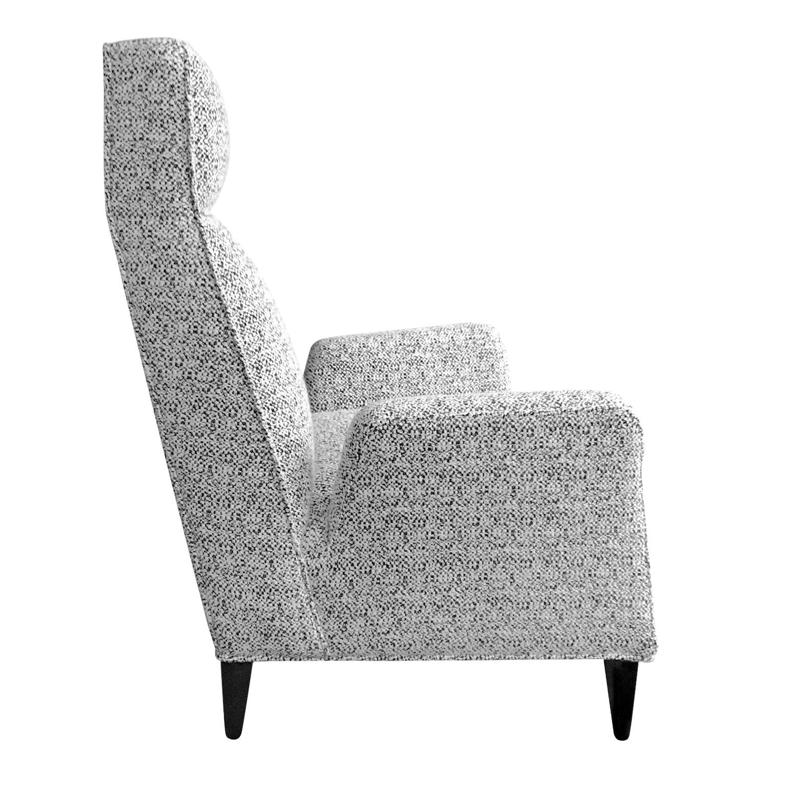 FLAIR Home collection custom Torino high back chair in black and white bouclé.
  