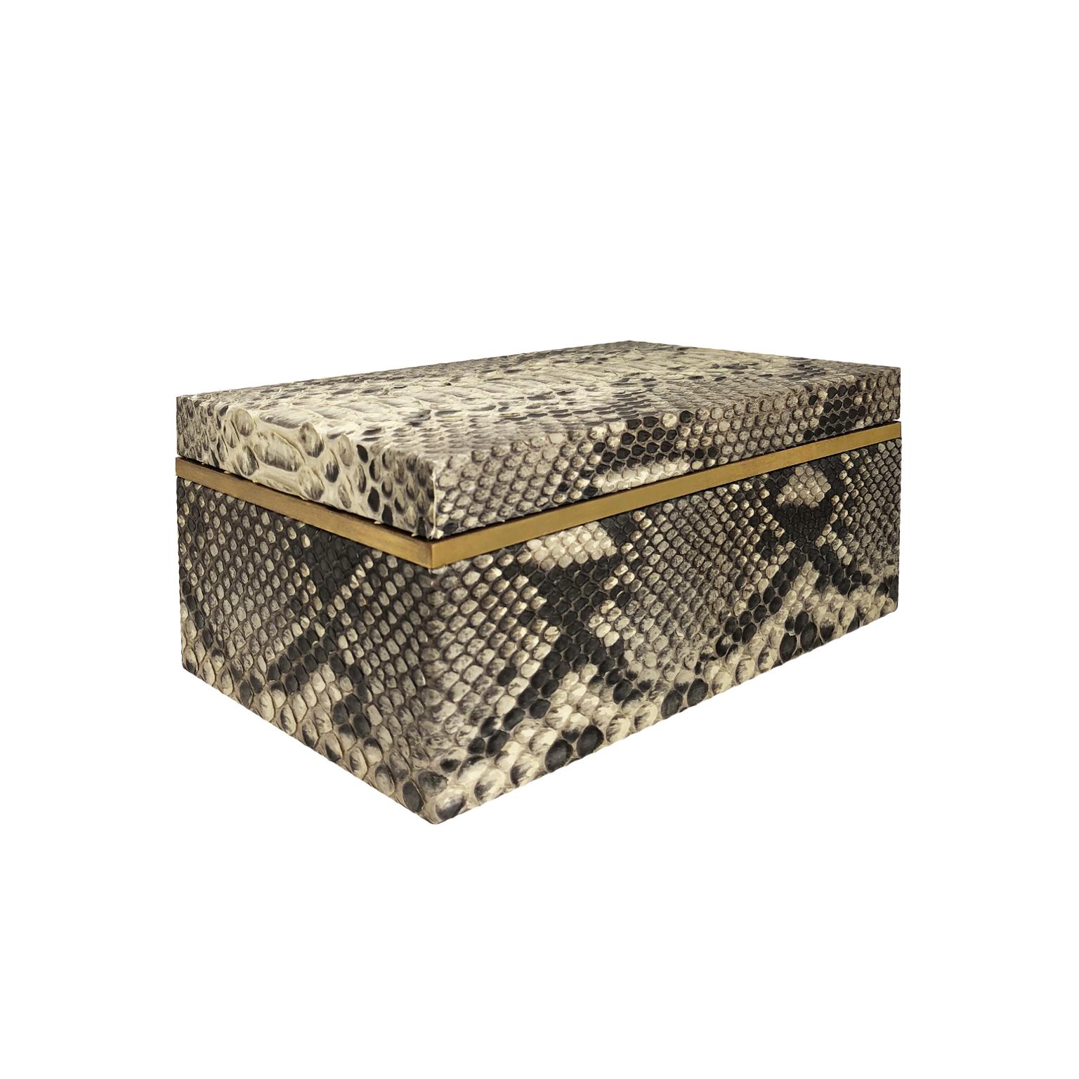 Flair Home collection handmade small rectangular natural python box with brass banding and brass and suede interior.