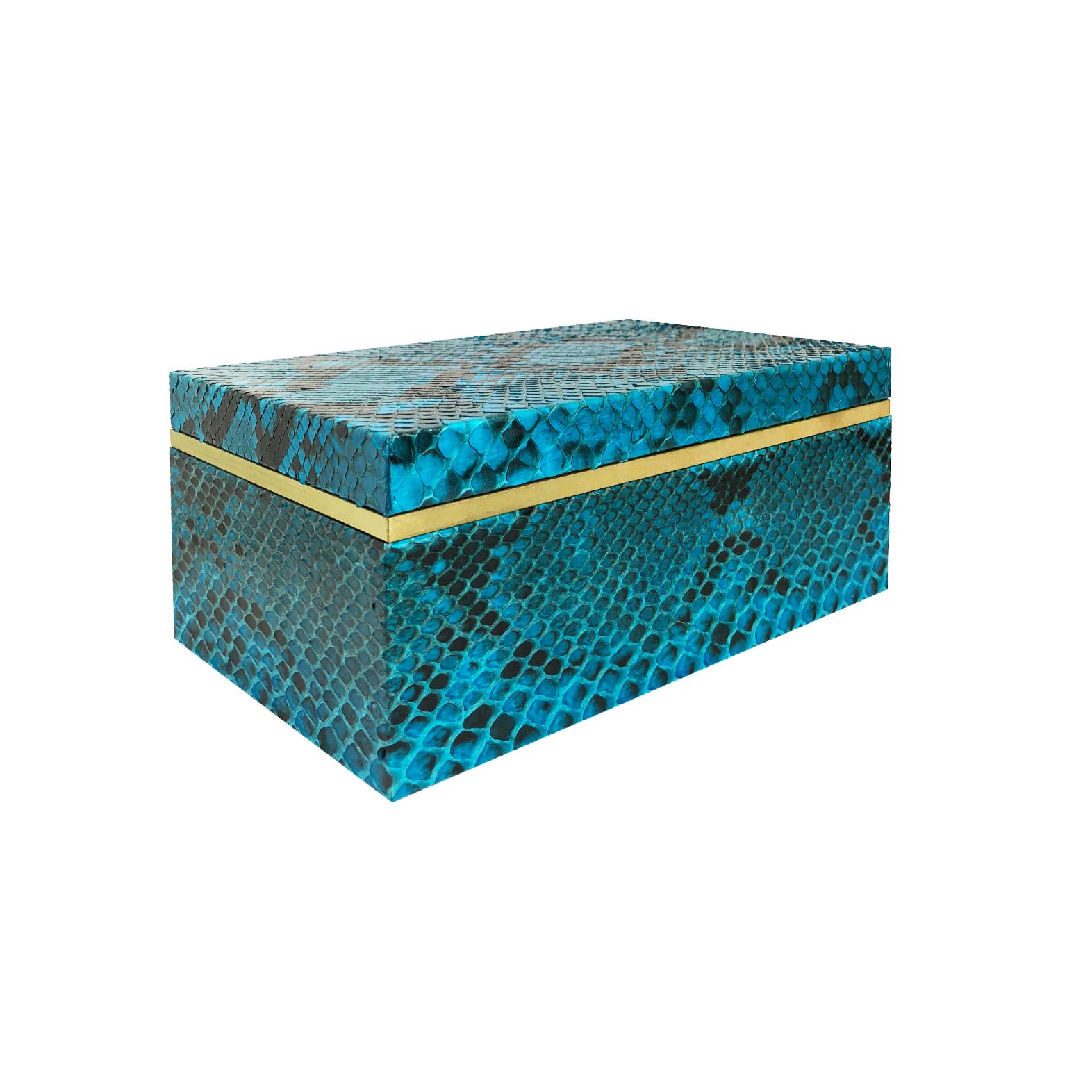 Flair Home collection handmade small rectangular turquoise python box with brass banding and brass and suede interior.