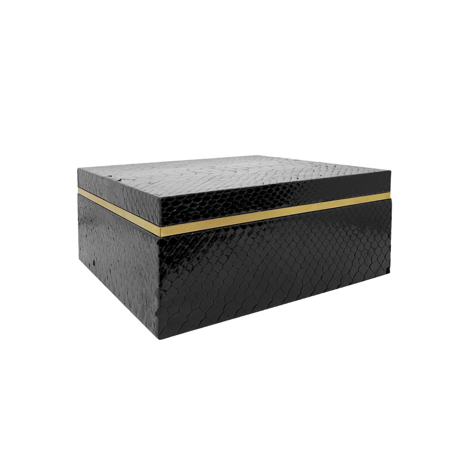Flair Home collection handmade square black python box with brass banding and brass and suede interior.