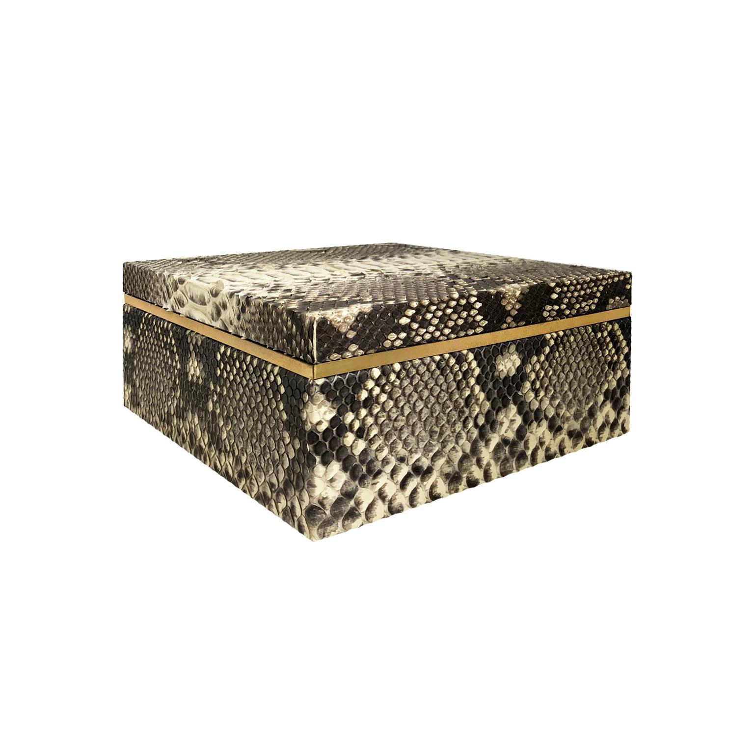 Flair Home Collection handmade square natural python box with brass banding and brass and suede interior.