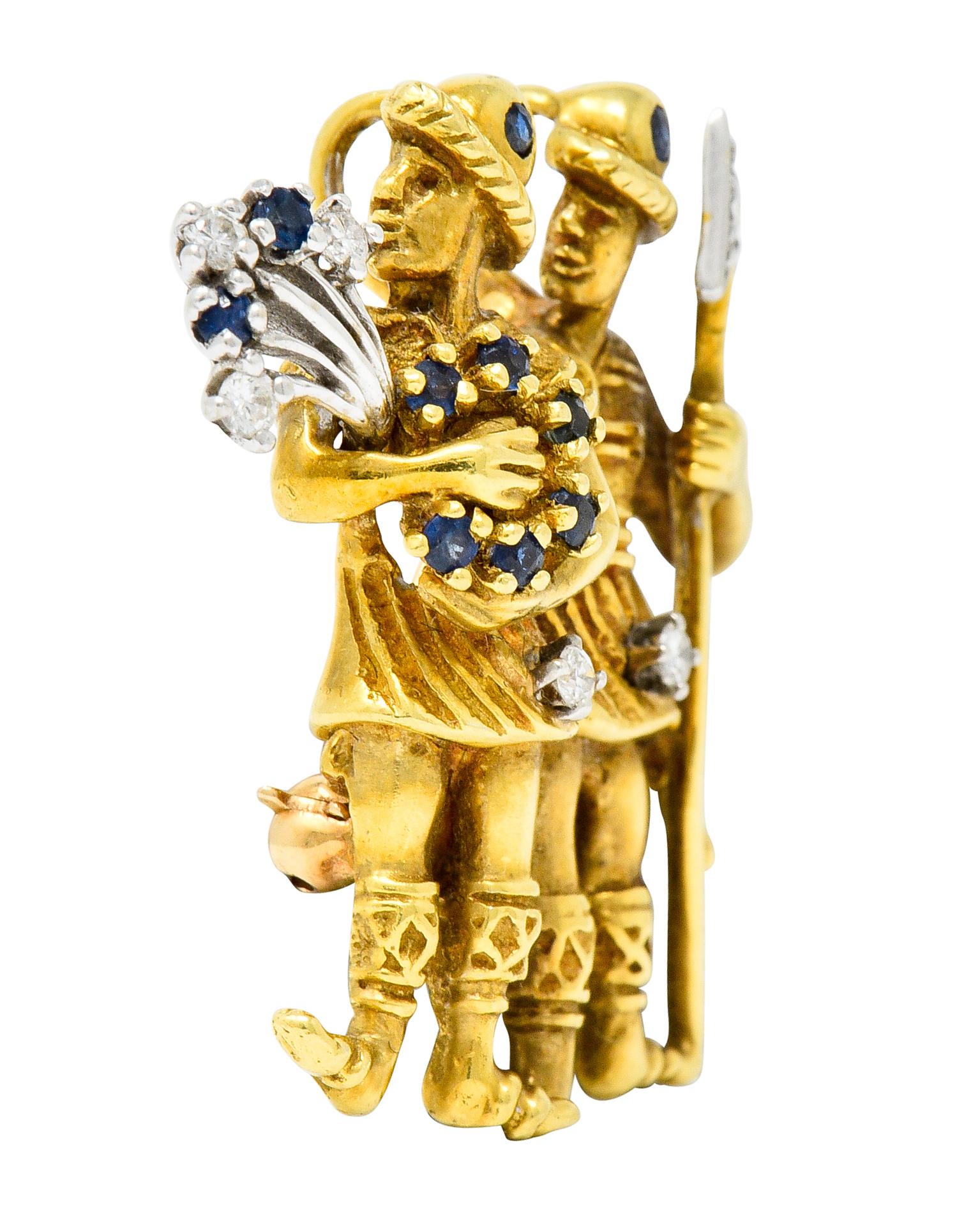 Brooch is designed as the two Roman twins Castor and Pollux, representative of the Gemini Zodiac sign

Highly rendered as male figures adorned in Roman garb with one twin grasping a spear while the other twin holds a wreath of victory and