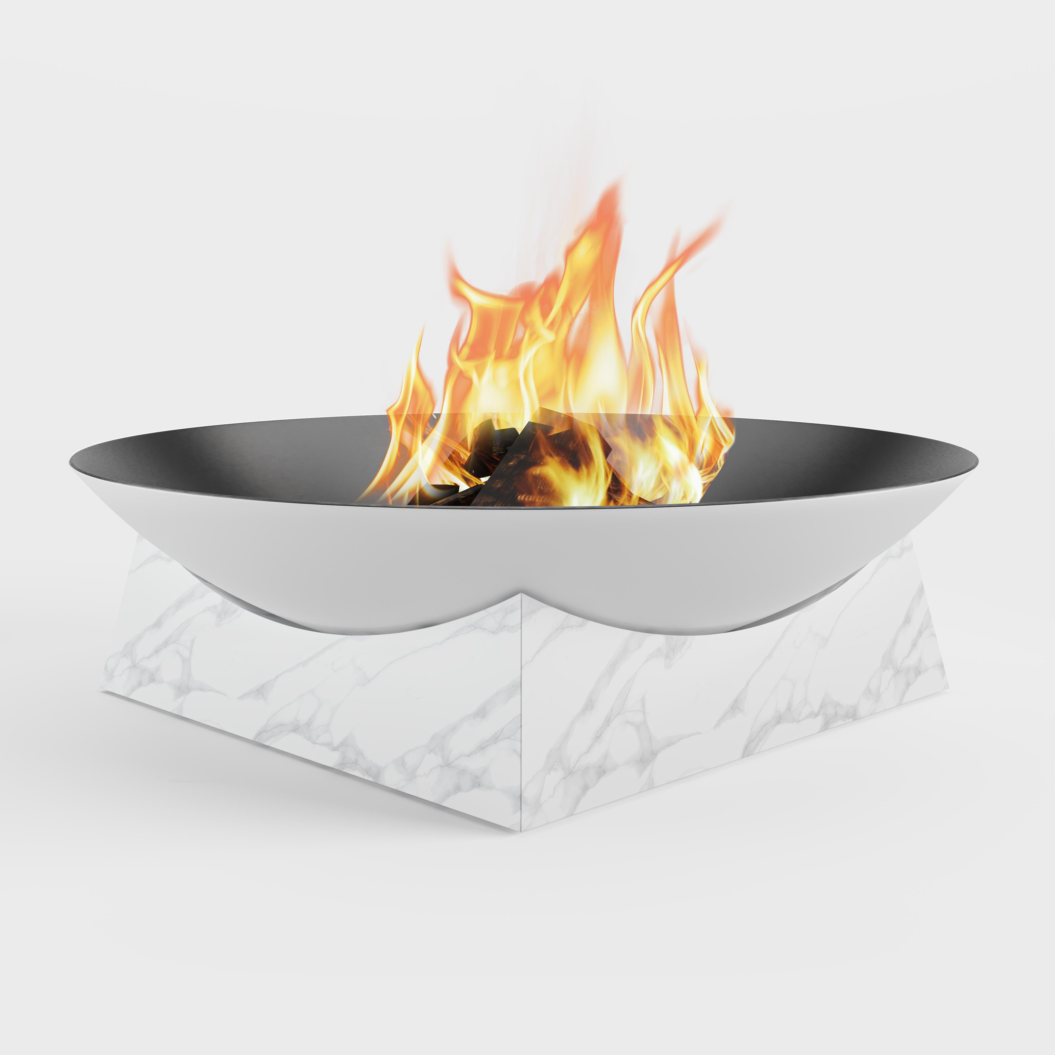 Portuguese Fire Pit in Black Carbon Steel and Nero Marquina Marble For Sale