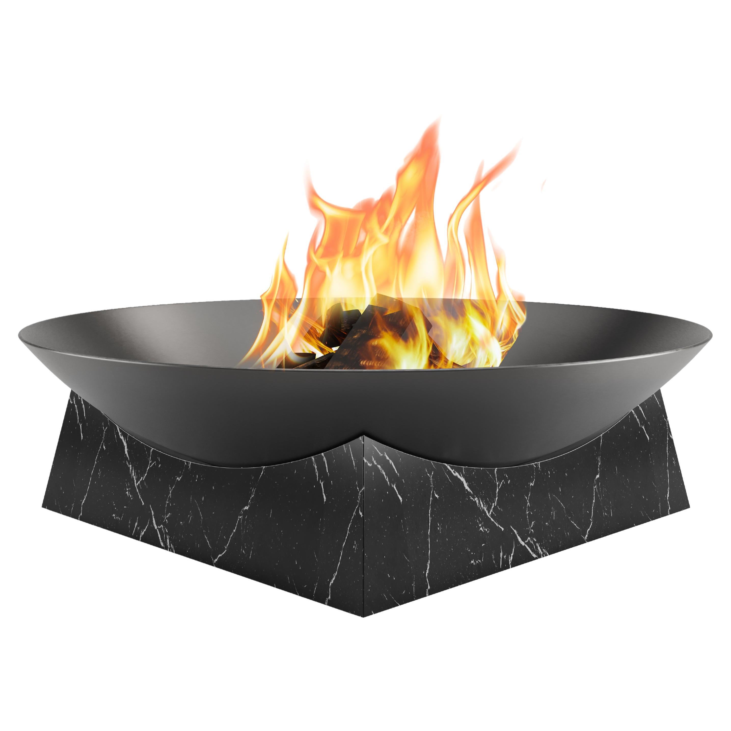 Fire Pit in Black Carbon Steel and Nero Marquina Marble For Sale