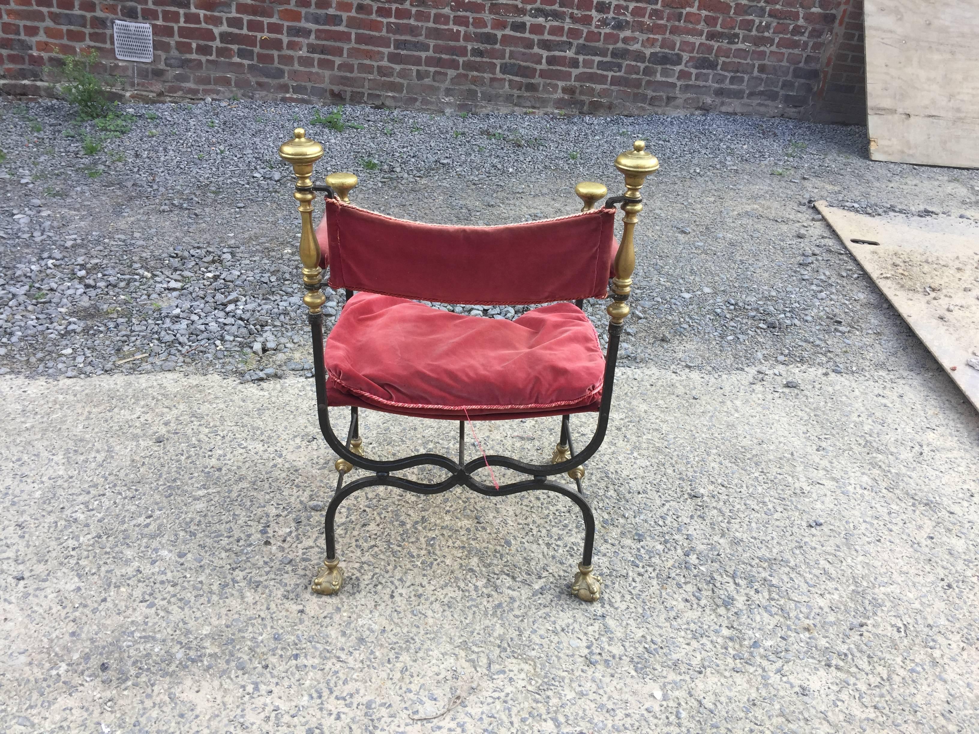 Flamand Style Curule Armchair in Brass and Velvet, circa 1900 5