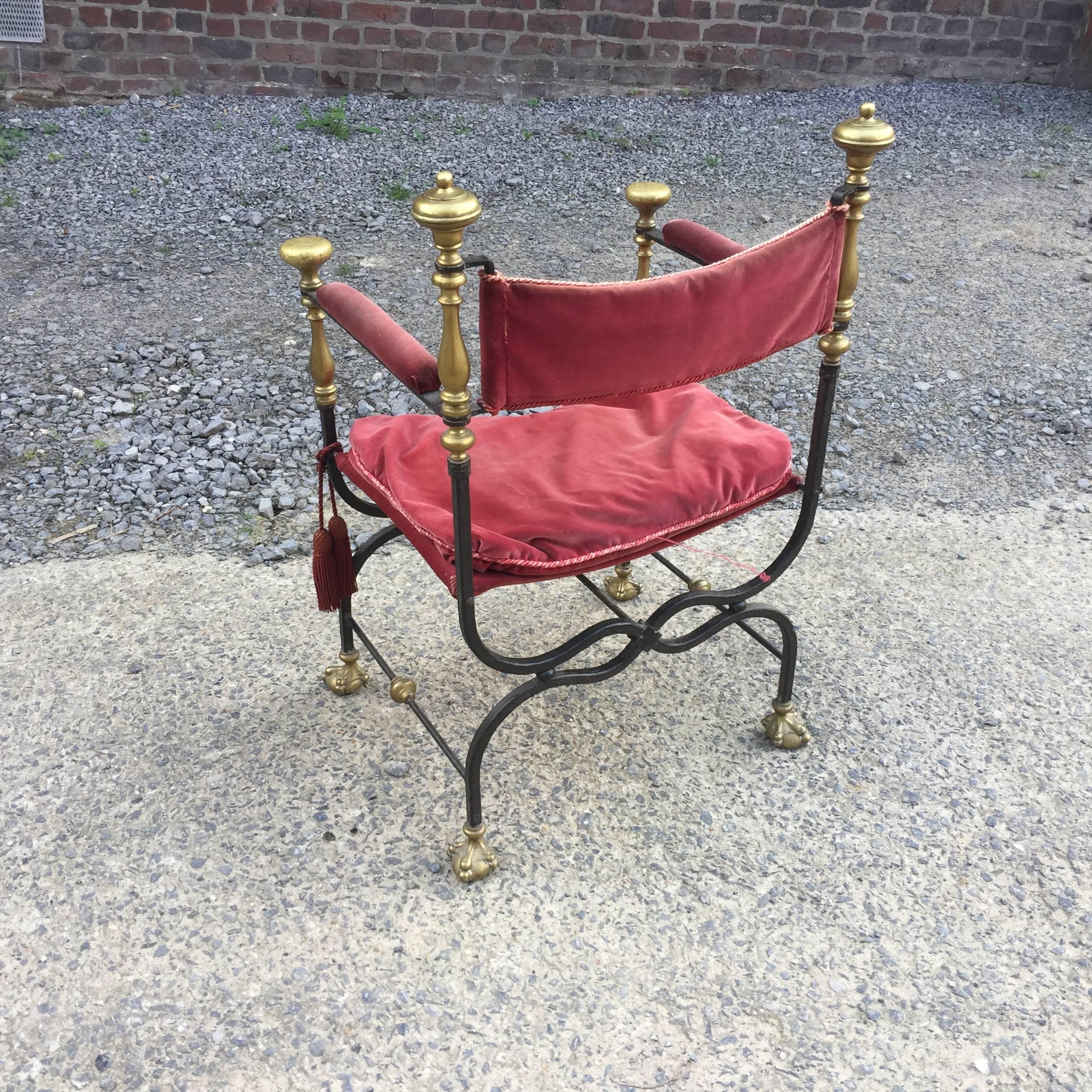 Belgian Flamand Style Curule Armchair in Brass and Velvet, circa 1900