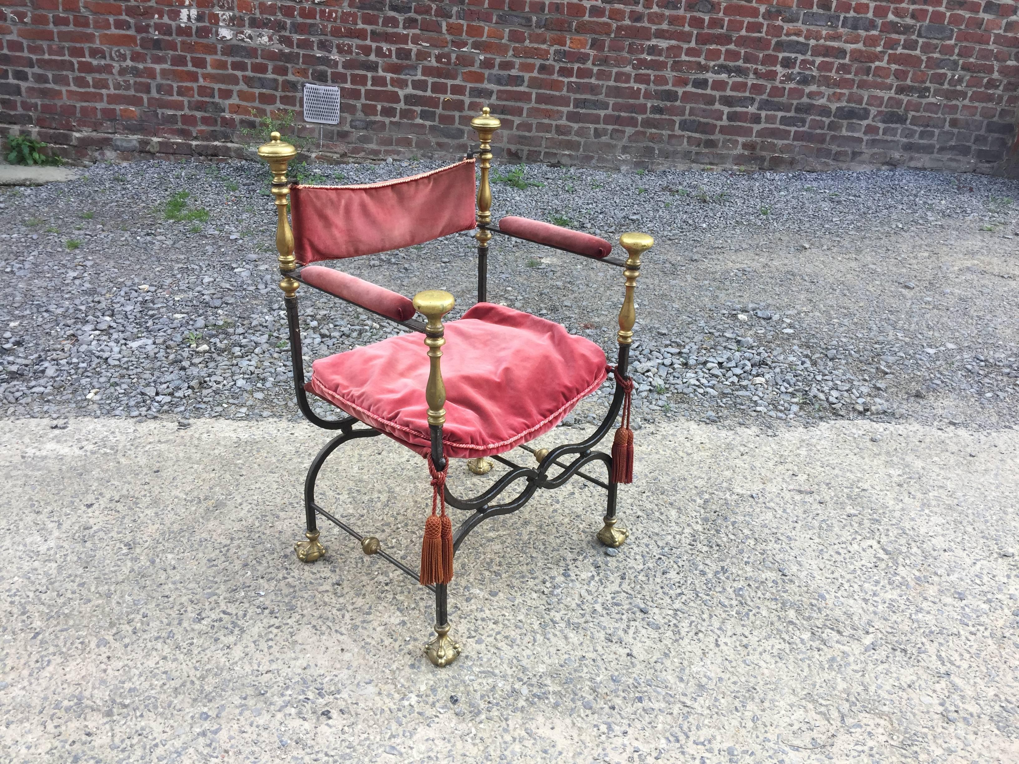 Flamand Style Curule Armchair in Brass and Velvet, circa 1900 2