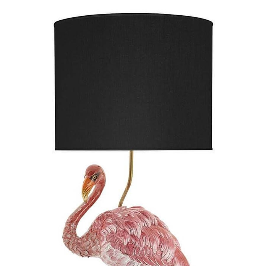 Table lamp flamant with flamingo sculpture
in porcelain with solid brass legs and yable lamp
rods. Including a black sahed. 1 bulb, lamp holder 
type E27, max 40 watt, bulb not included.
Also available with white shade on request.