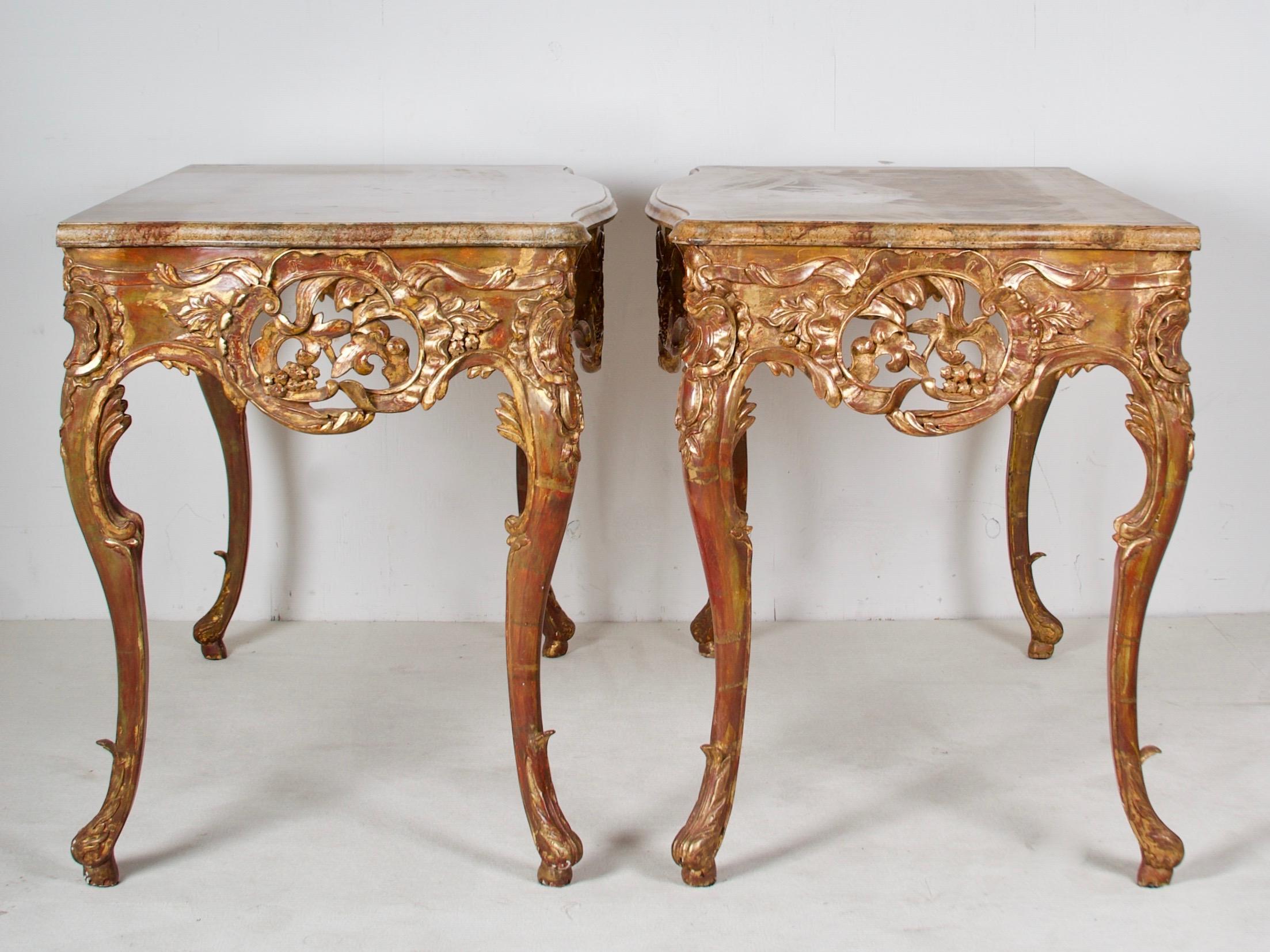 Flamboyant Pair of Painted and Gilded Consoles, Faux Marble Top, Haute Hollywood For Sale 2
