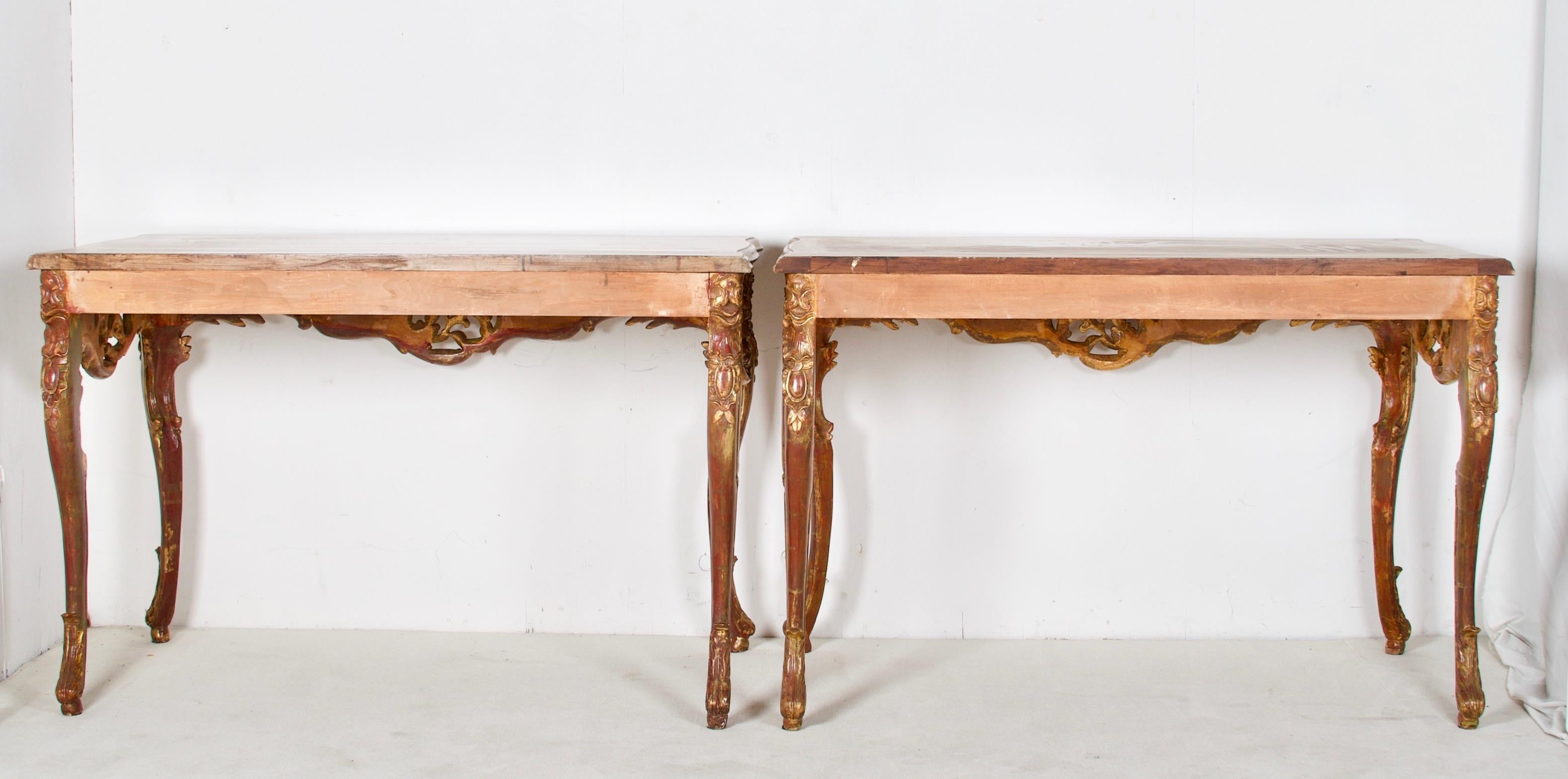 Flamboyant Pair of Painted and Gilded Consoles, Faux Marble Top, Haute Hollywood For Sale 6