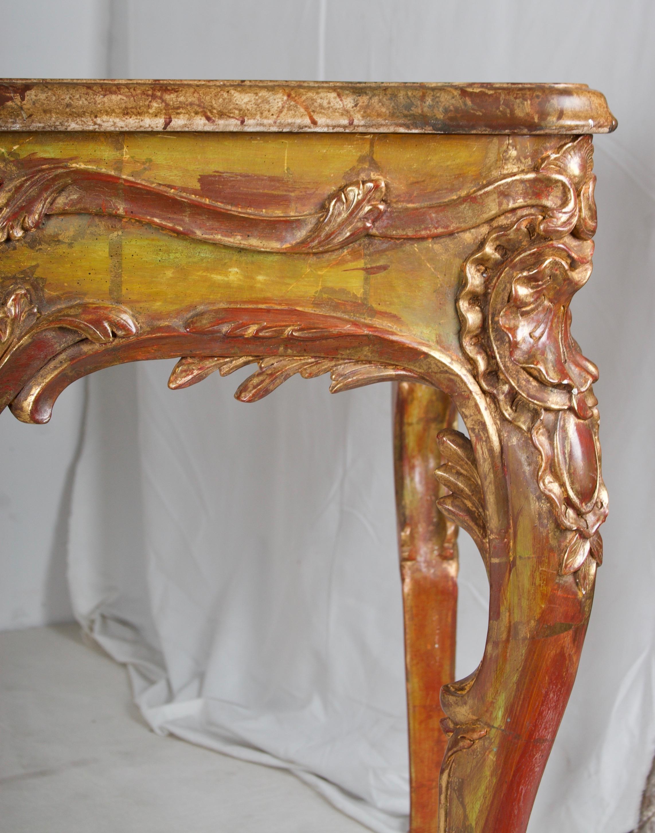 Flamboyant Pair of Painted and Gilded Consoles, Faux Marble Top, Haute Hollywood For Sale 8
