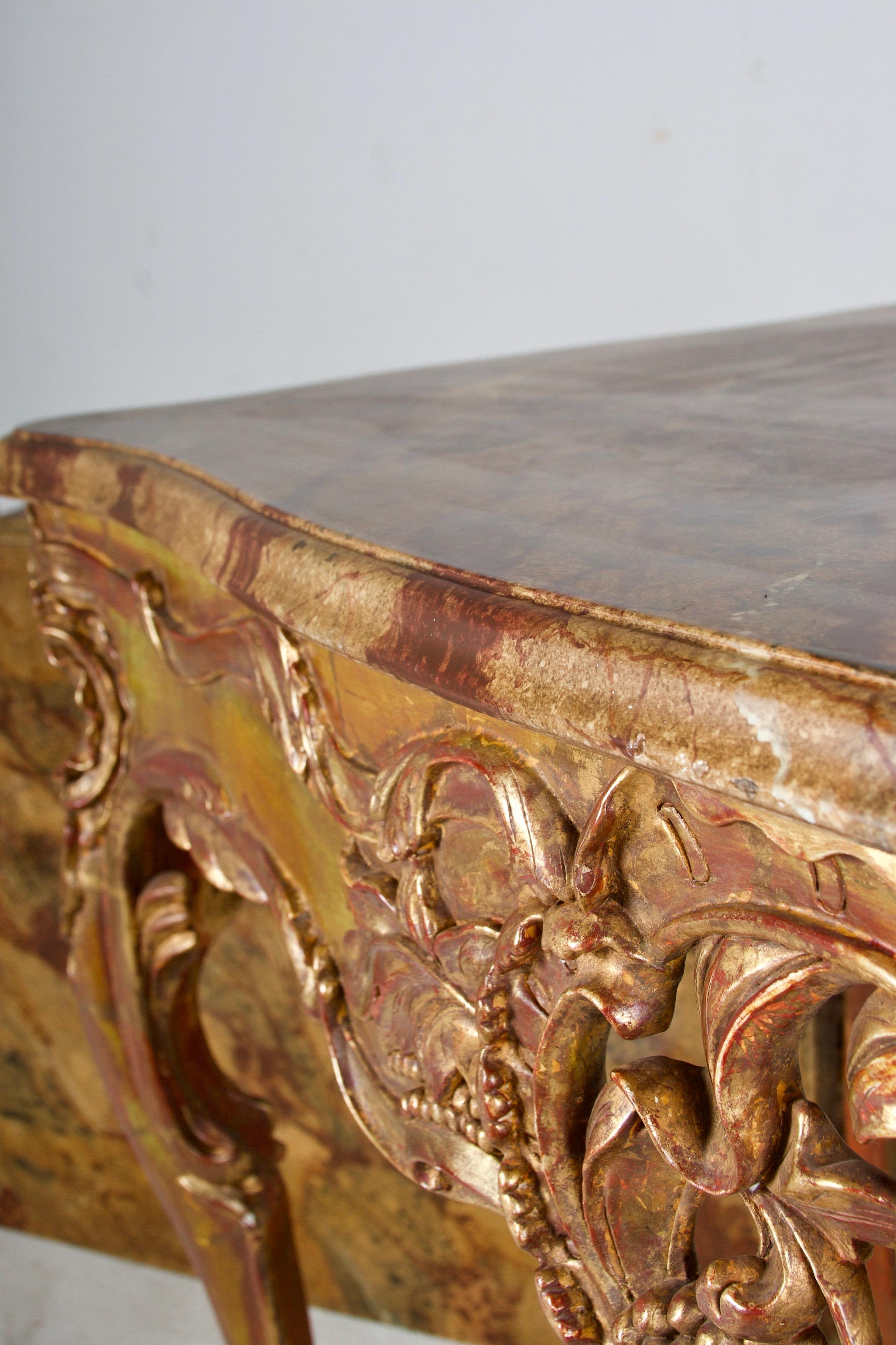 Contemporary Flamboyant Pair of Painted and Gilded Consoles, Faux Marble Top, Haute Hollywood For Sale