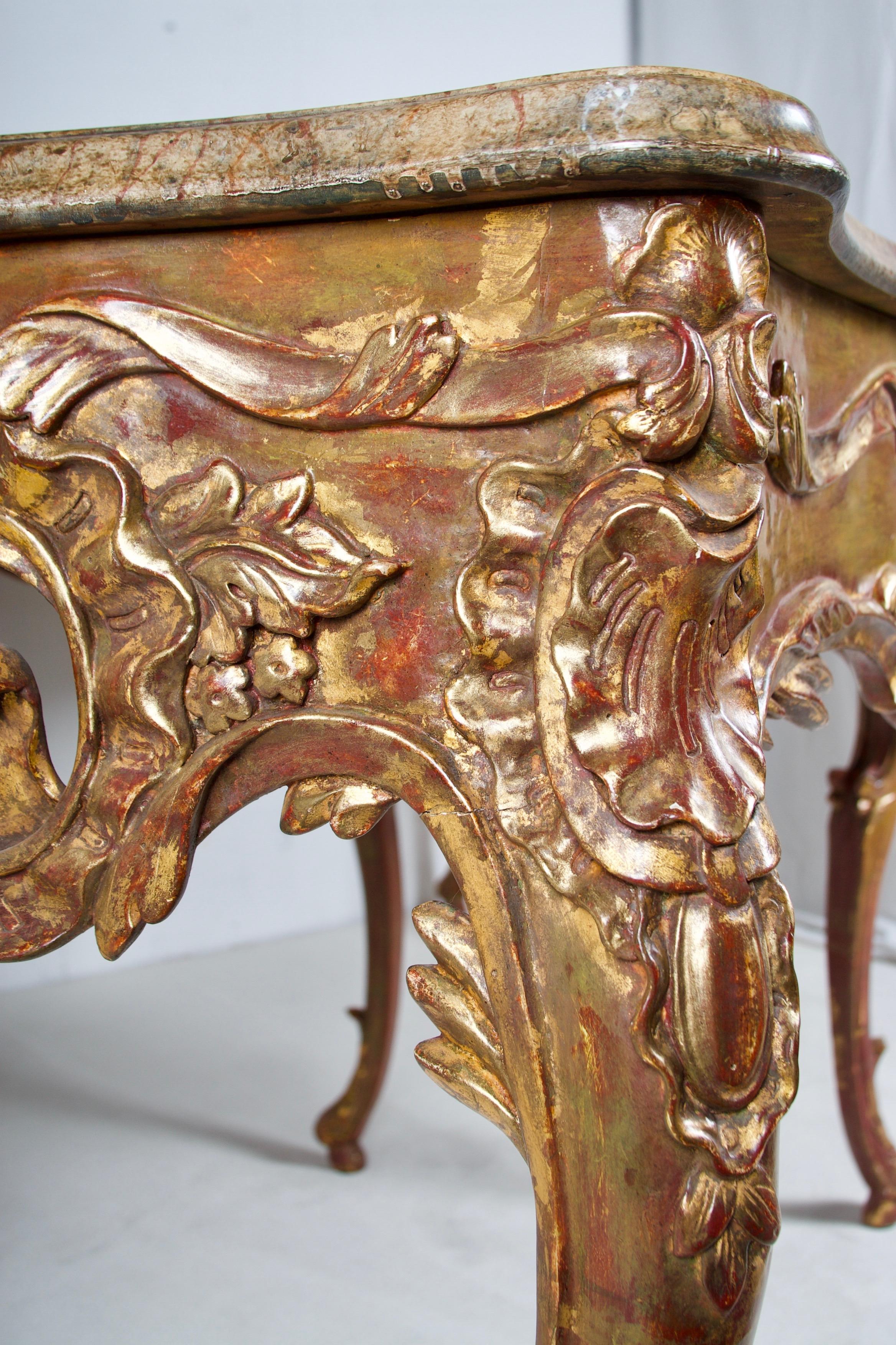 Wood Flamboyant Pair of Painted and Gilded Consoles, Faux Marble Top, Haute Hollywood For Sale