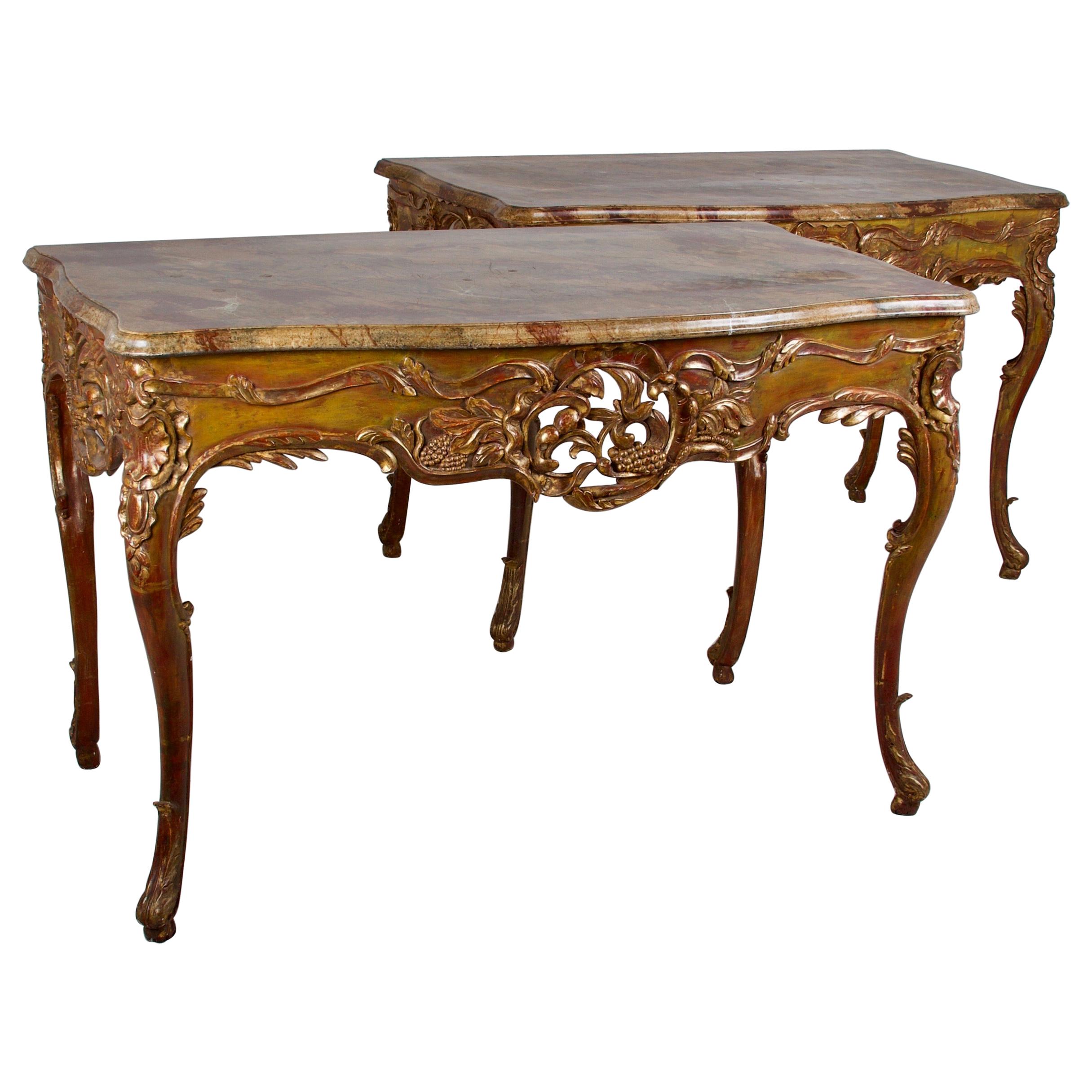 Flamboyant Pair of Painted and Gilded Consoles, Faux Marble Top, Haute Hollywood For Sale
