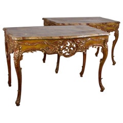 Flamboyant Pair of Painted and Gilded Consoles, Faux Marble Top, Haute Hollywood