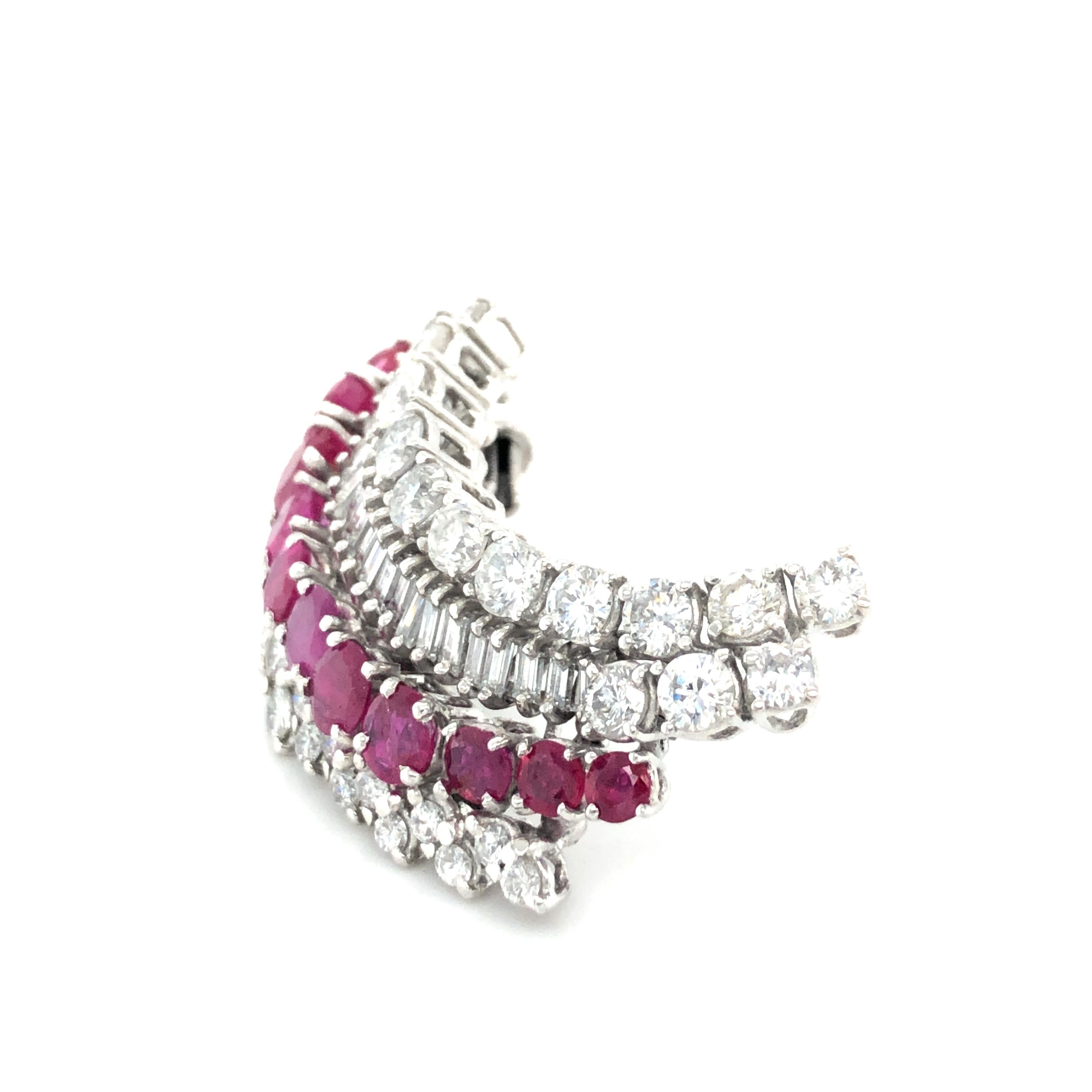 Modern Flamboyant Ruby and Diamond Brooch in White Gold 18k For Sale