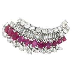 Retro Flamboyant Ruby and Diamond Brooch in White Gold 18k