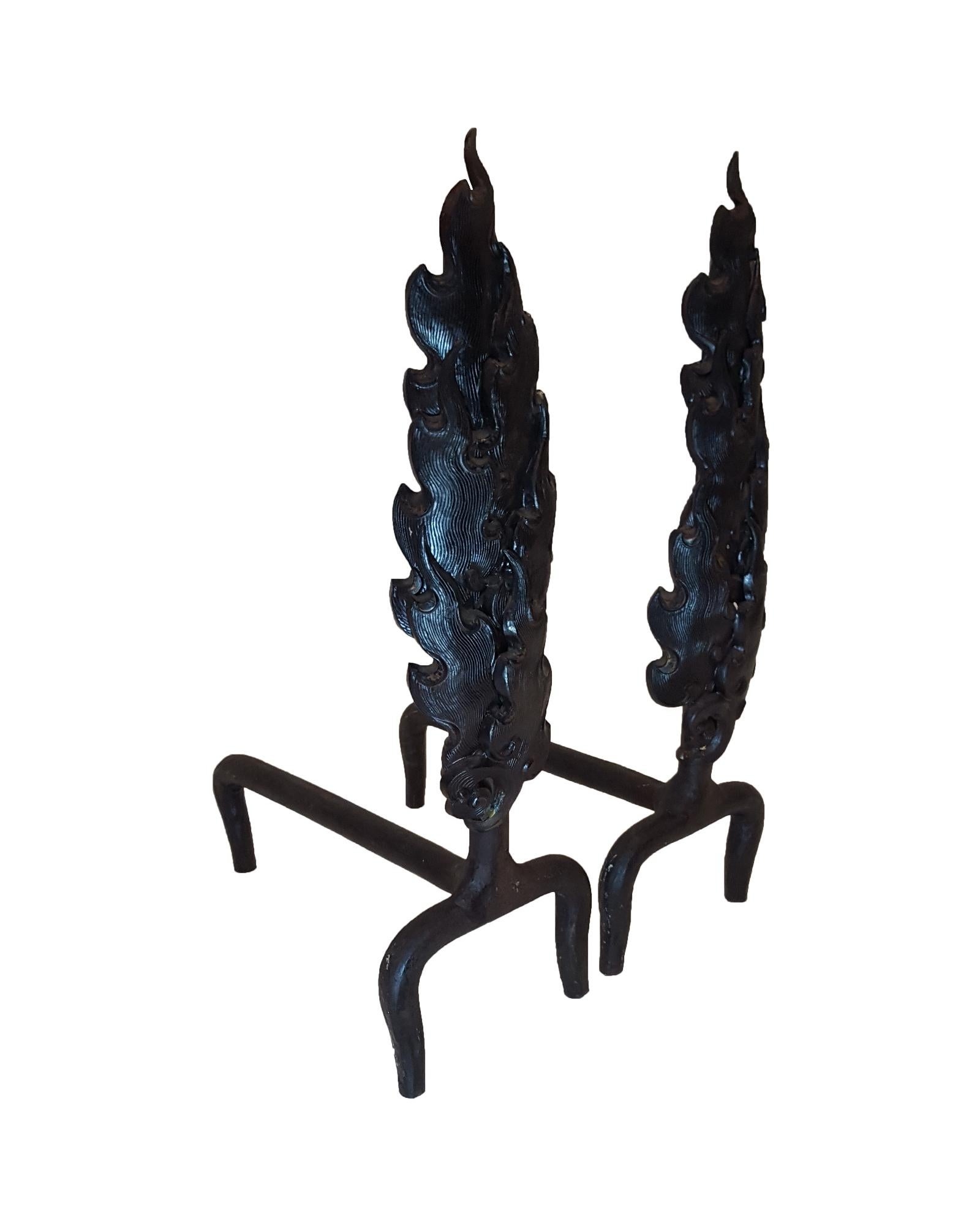 Hand-Carved Flame Andirons In Metal Handcrafted In India By Stephanie Odegard For Sale