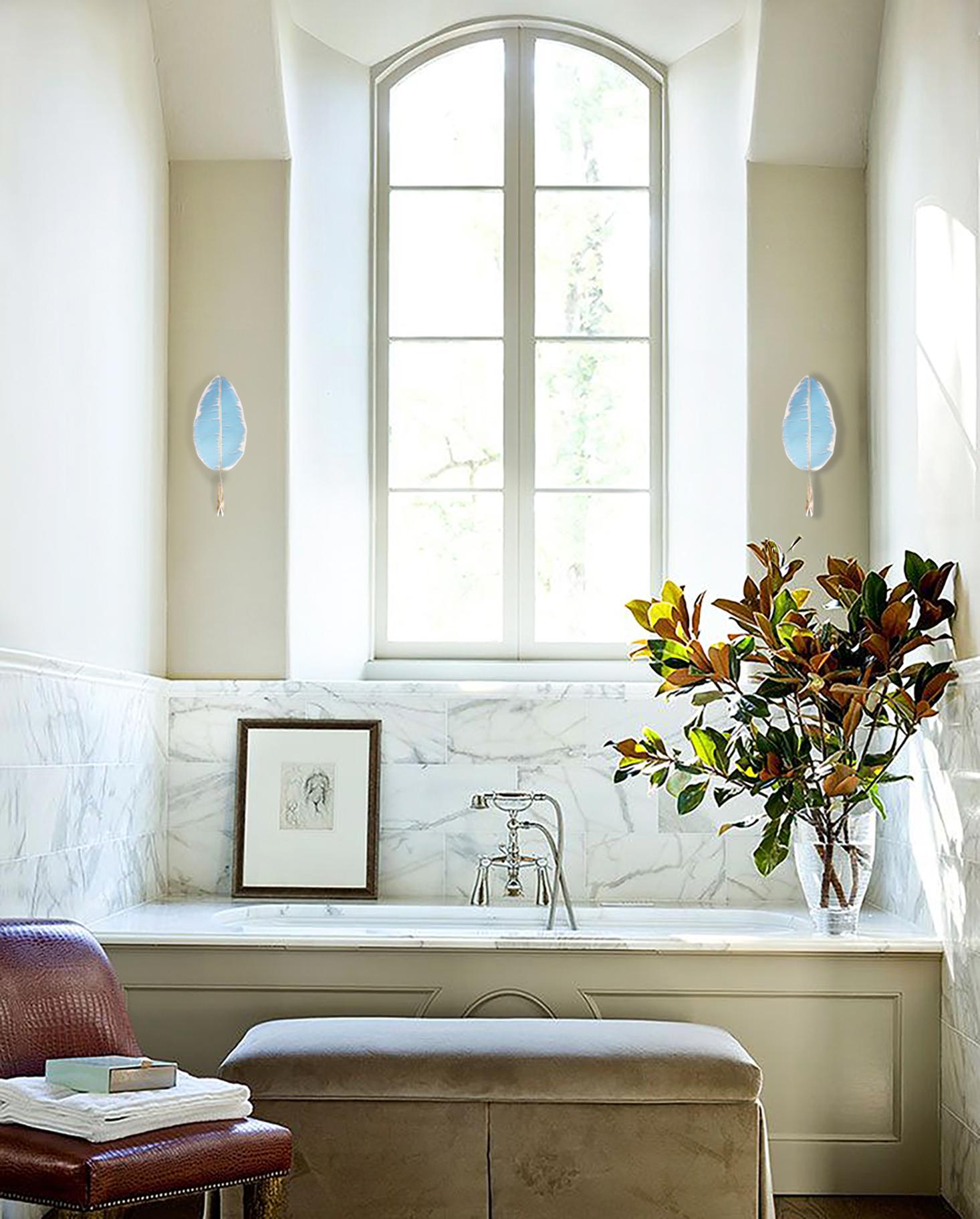 Modern “Flame” contemporary small wall sconce Cerulean Blue Silvered art Glass, brass For Sale