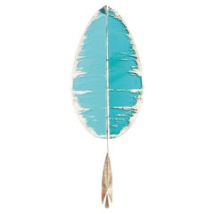 “Flame” Contemporary Wall Lamp Aqua Silvered art Glass, Brass, Crystal Drop