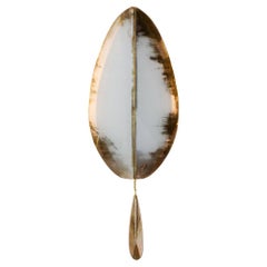 “Flame” Contemporary Wall Lamp Silvered Glass, Brass, Crystal Drop