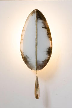 “Flame” Contemporary Wall Lamp Silvered Glass, Brass, Crystal Drop