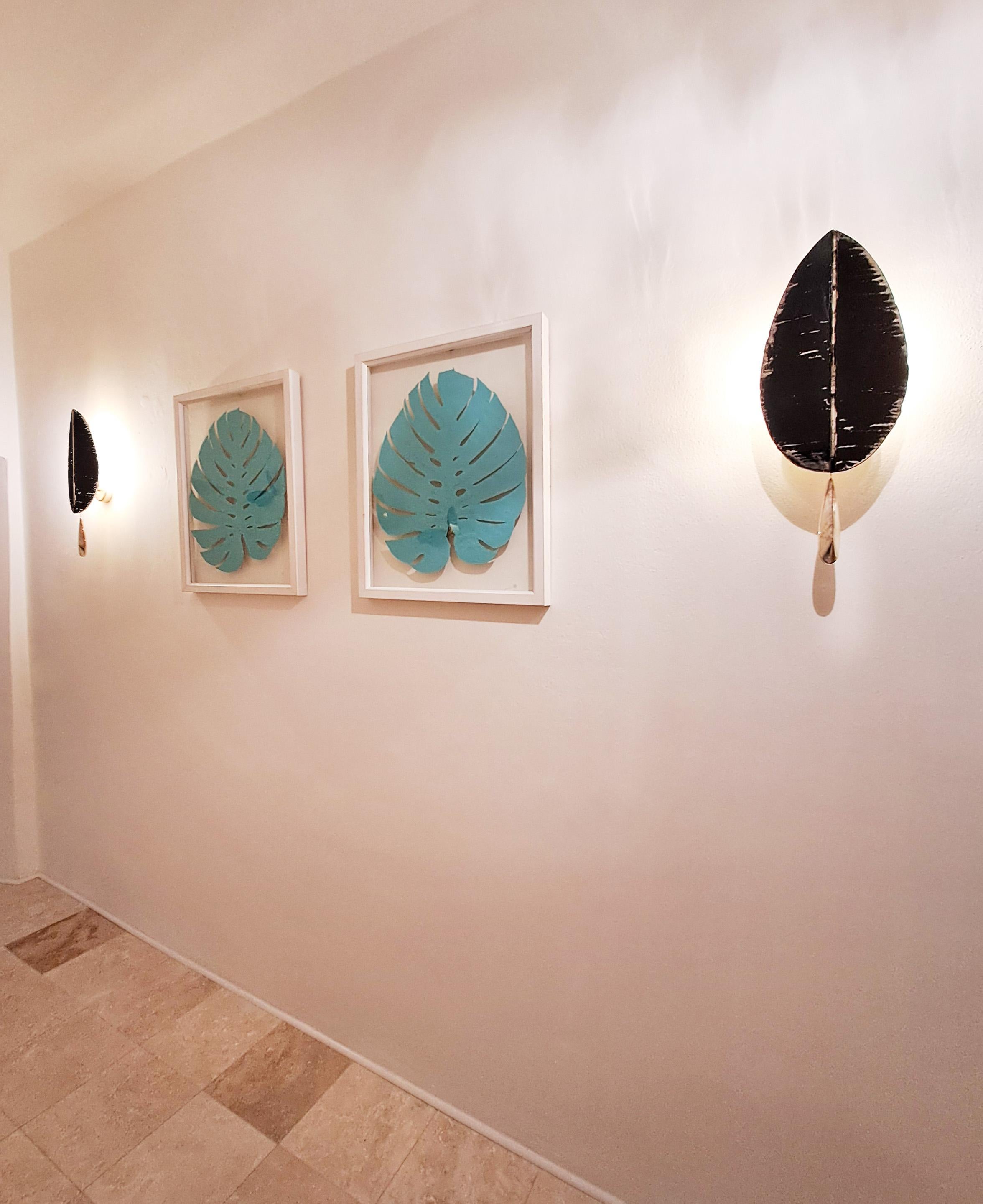 “Flame” contemporary wall sconce black Silvered art Glass, brass, crystal drop In New Condition For Sale In Pietrasanta, IT