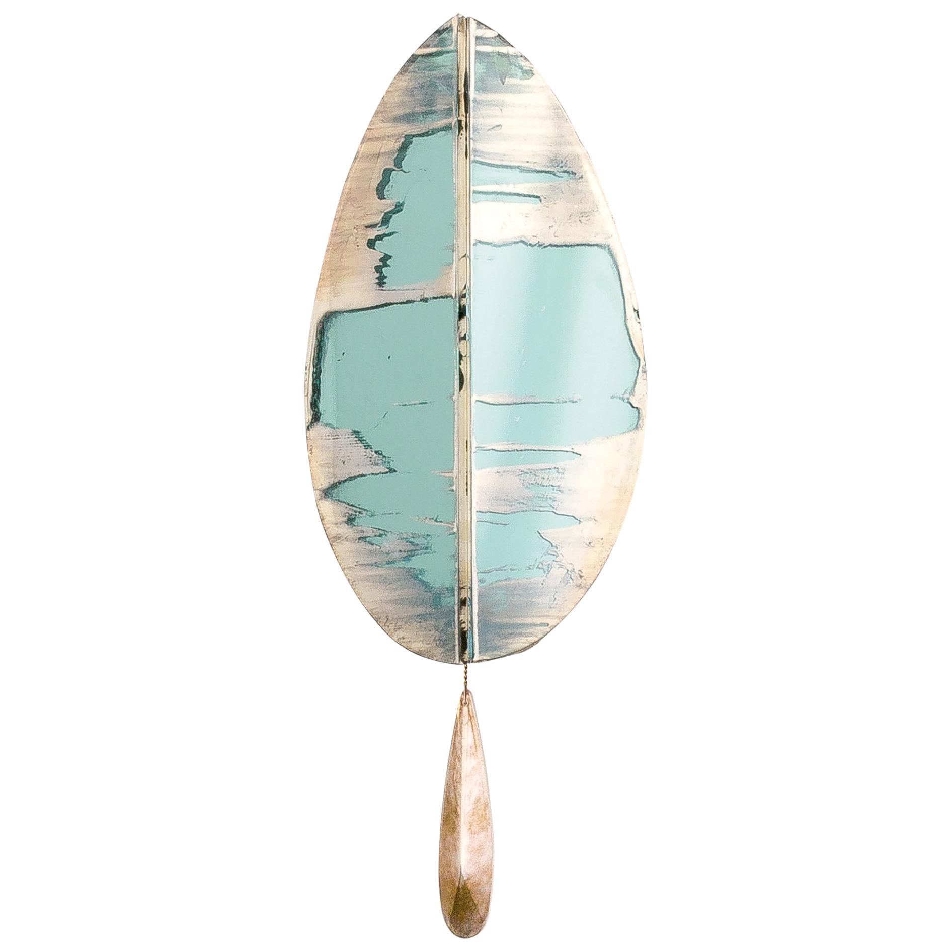 “Flame” Contemporary Wall Sconce Jade Silvered Glass, Brass, crystal drop