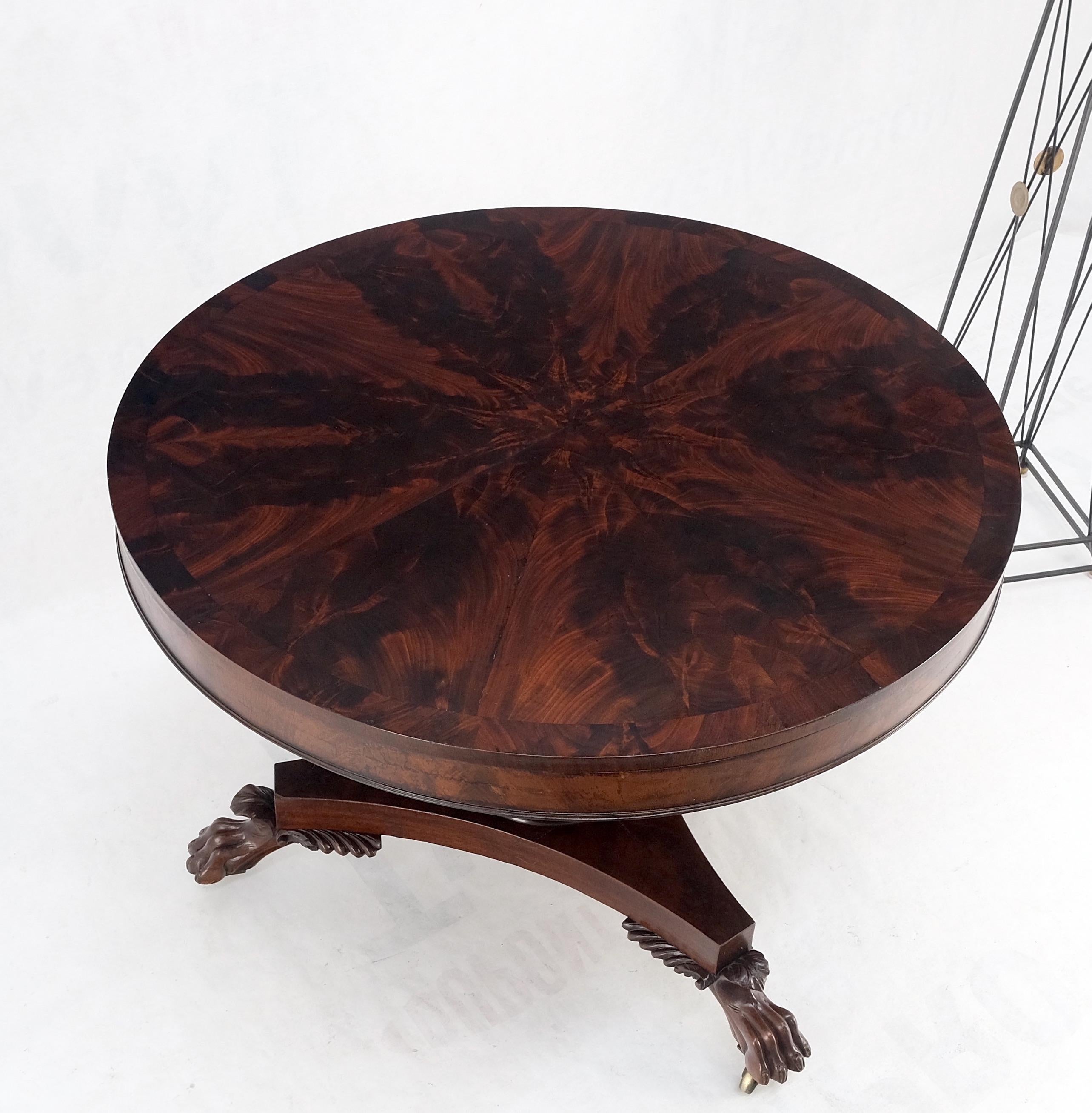 Lacquered Flame Mahogany Fine Carved 19th Century Lion Feet Round Center Table Mint!