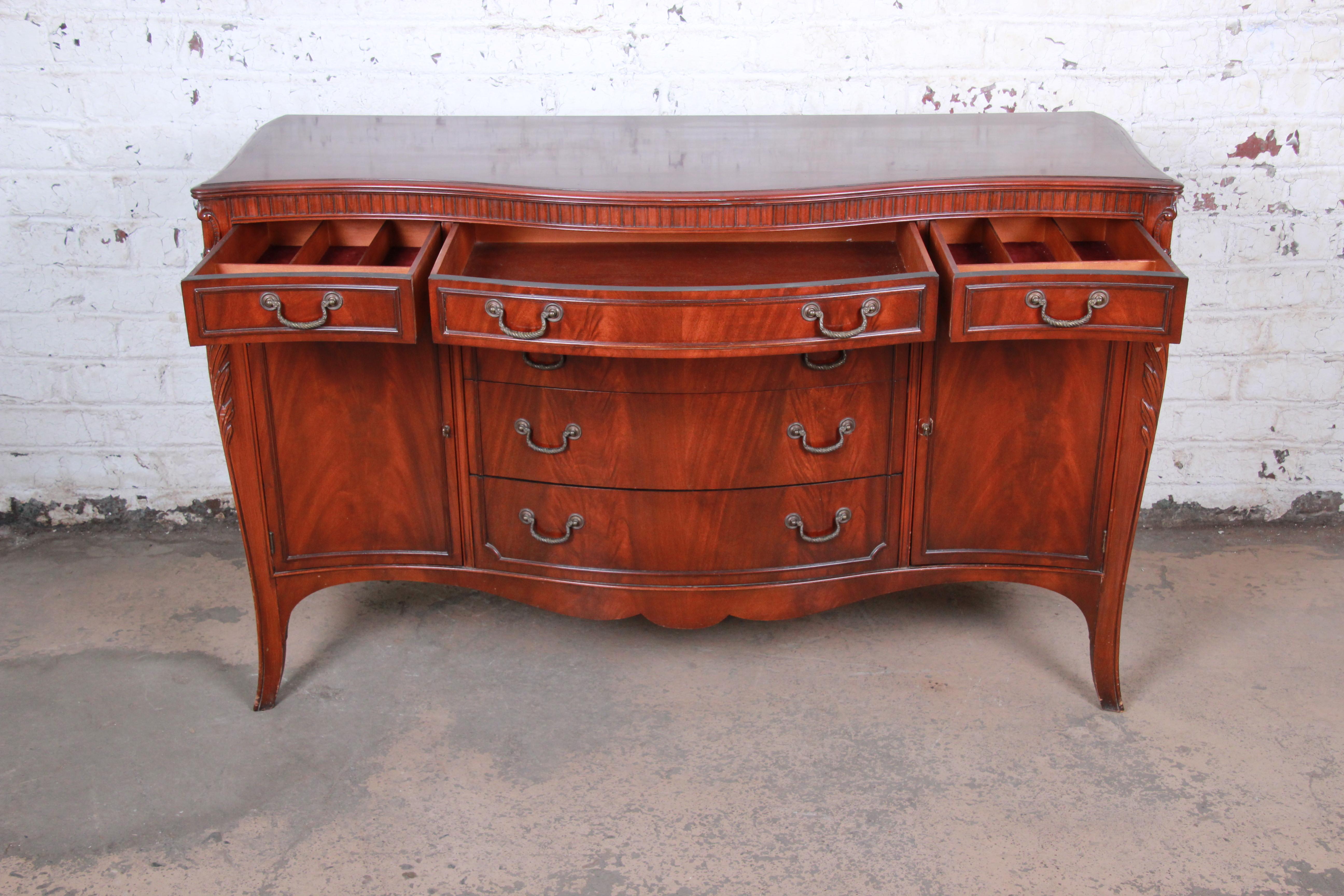 French Provincial Flame Mahogany French Carved Bow Front Sideboard Credenza by Drexel