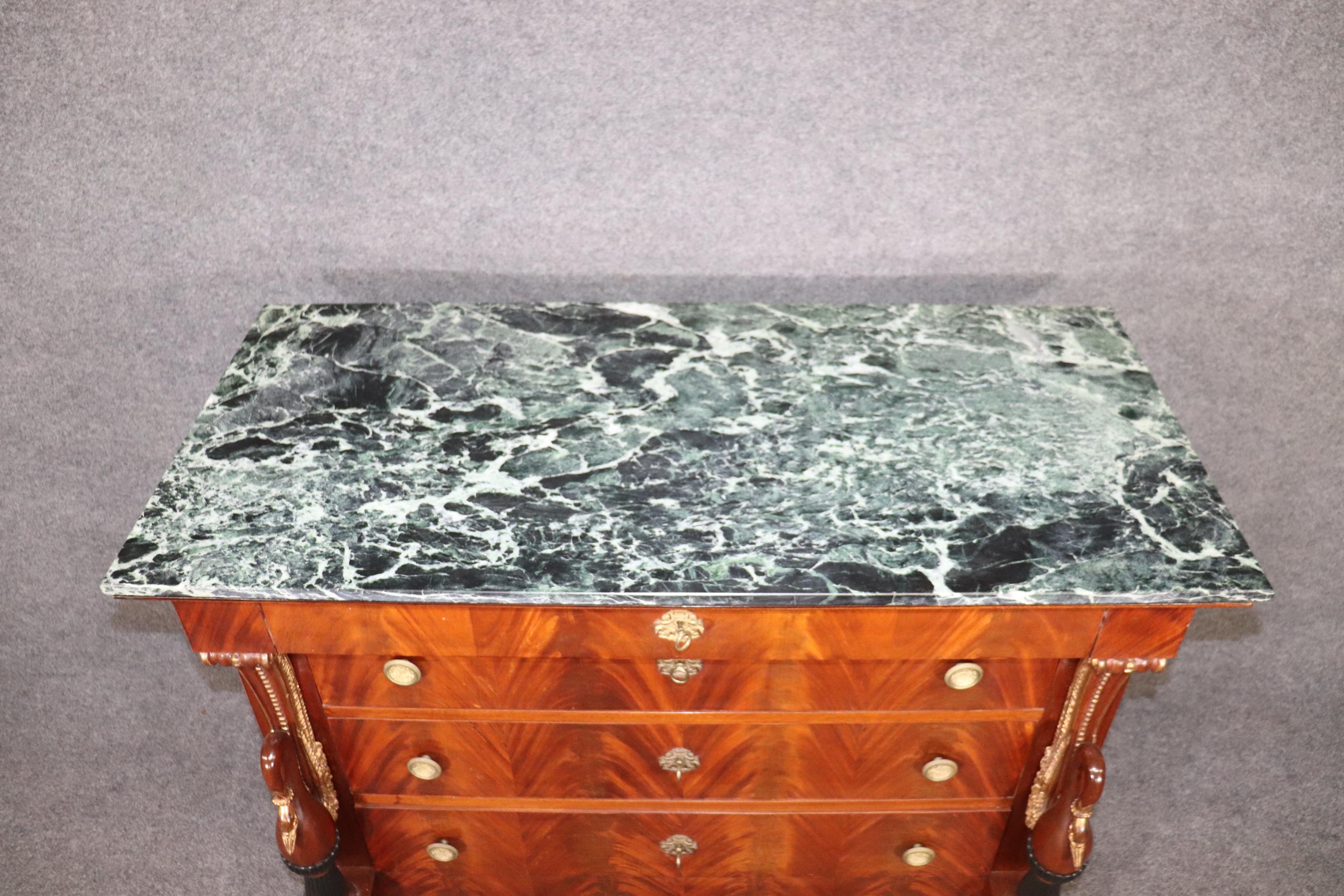 Flame Mahogany French Empire Gilded Swam Marble Top Commode 2