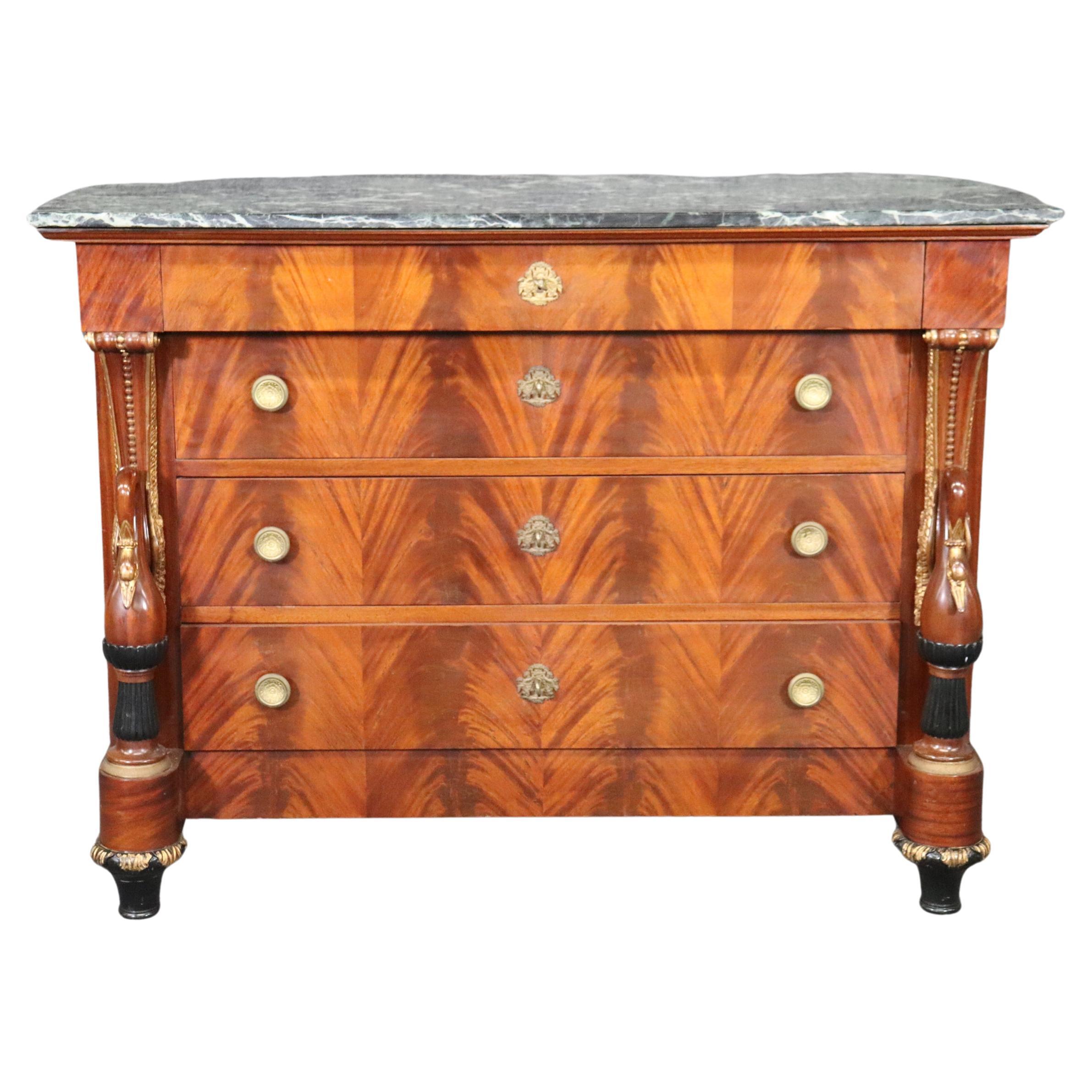 Flame Mahogany French Empire Gilded Swam Marble Top Commode