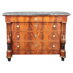 Vintage Flame Mahogany French Empire Gilded Swam Marble Top Commode