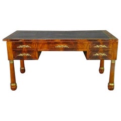 Flame Mahogany French Empire Leather Top Bureau Plat Writing Desk with Trays