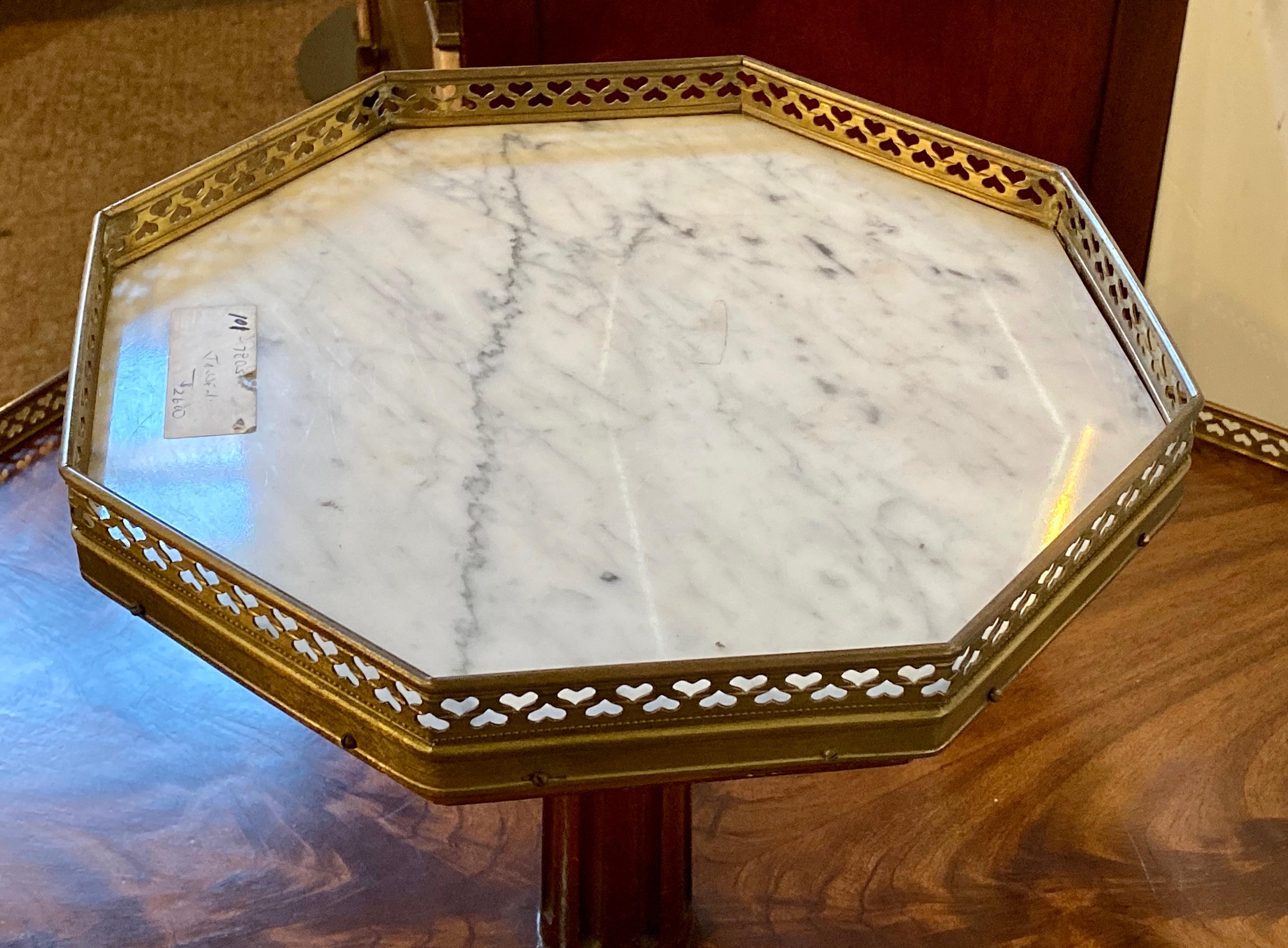 French Flame Mahogany Octagonal Two-Tier Table White Marble Top Pedestal Base Jansen For Sale