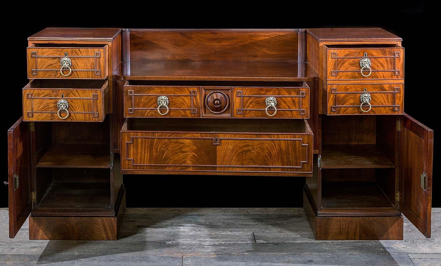 British Flame Mahogany Regency Twin Pedestal Sideboard For Sale