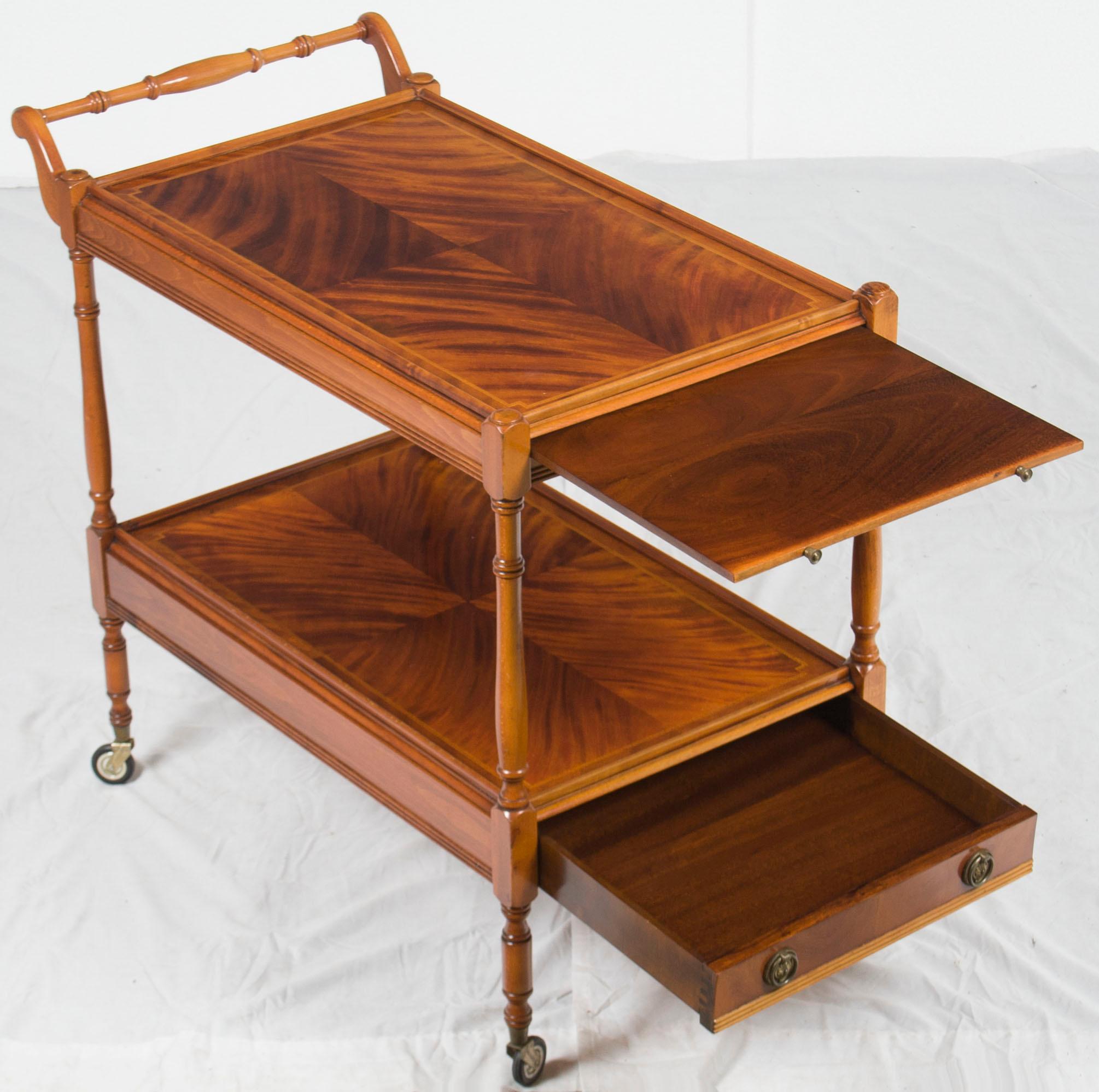 Regency Flame Mahogany Two-Tier Serving Trolley Tea Bar Cart with Drawer