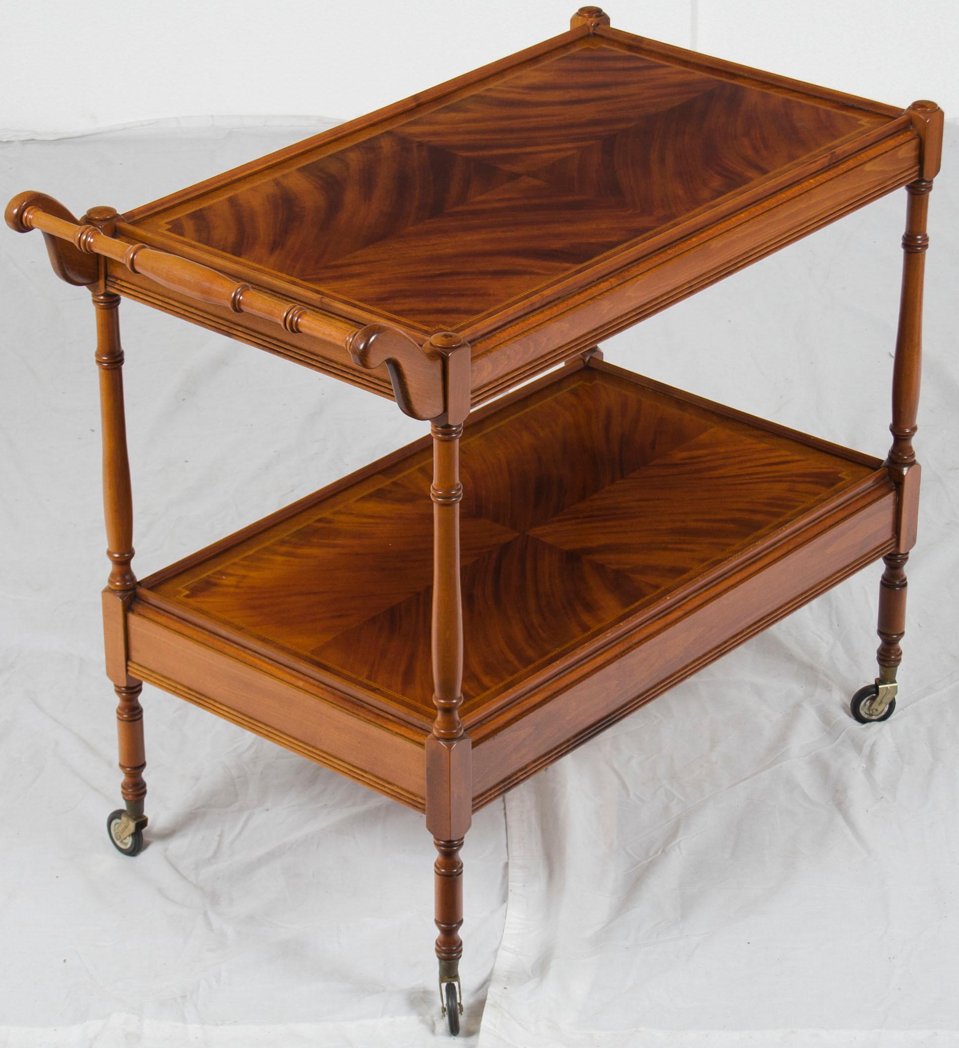 English Flame Mahogany Two-Tier Serving Trolley Tea Bar Cart with Drawer