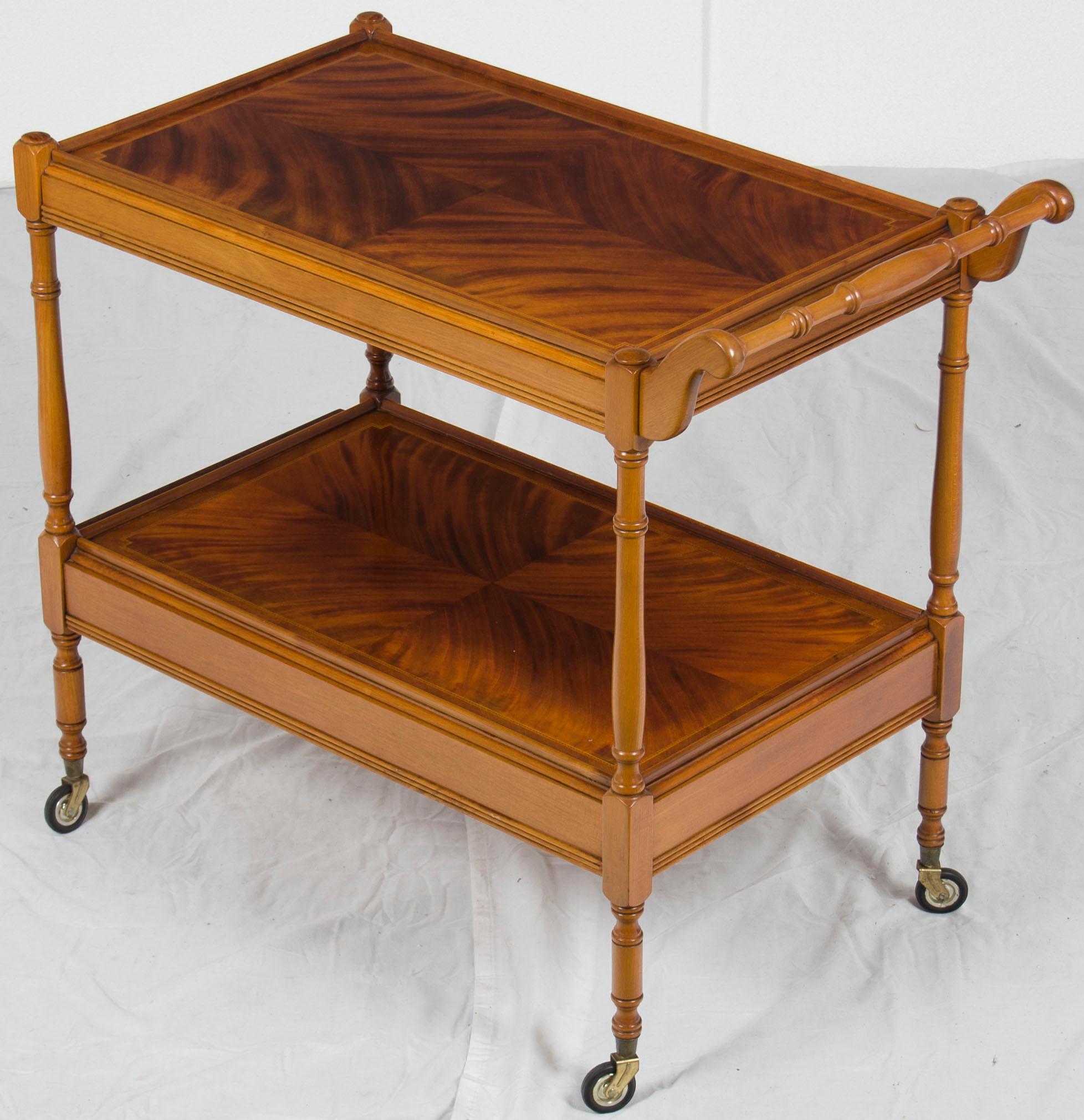 Flame Mahogany Two-Tier Serving Trolley Tea Bar Cart with Drawer In Good Condition In Atlanta, GA