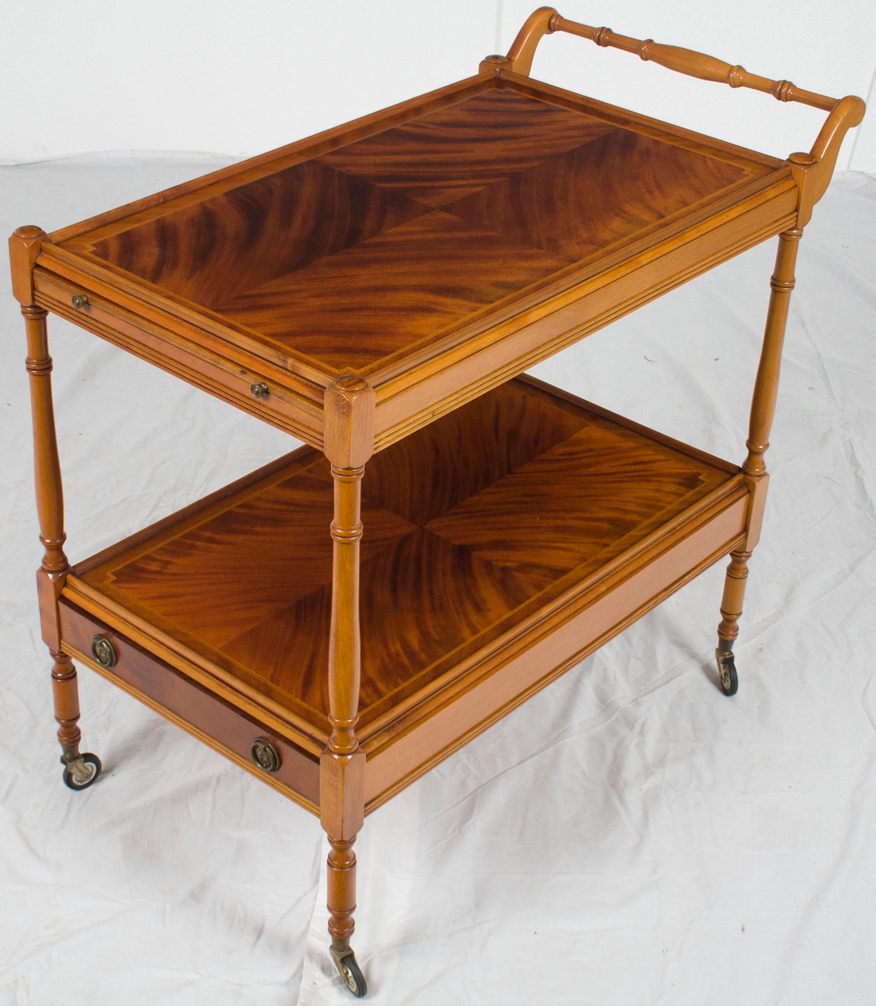 Mid-20th Century Flame Mahogany Two-Tier Serving Trolley Tea Bar Cart with Drawer