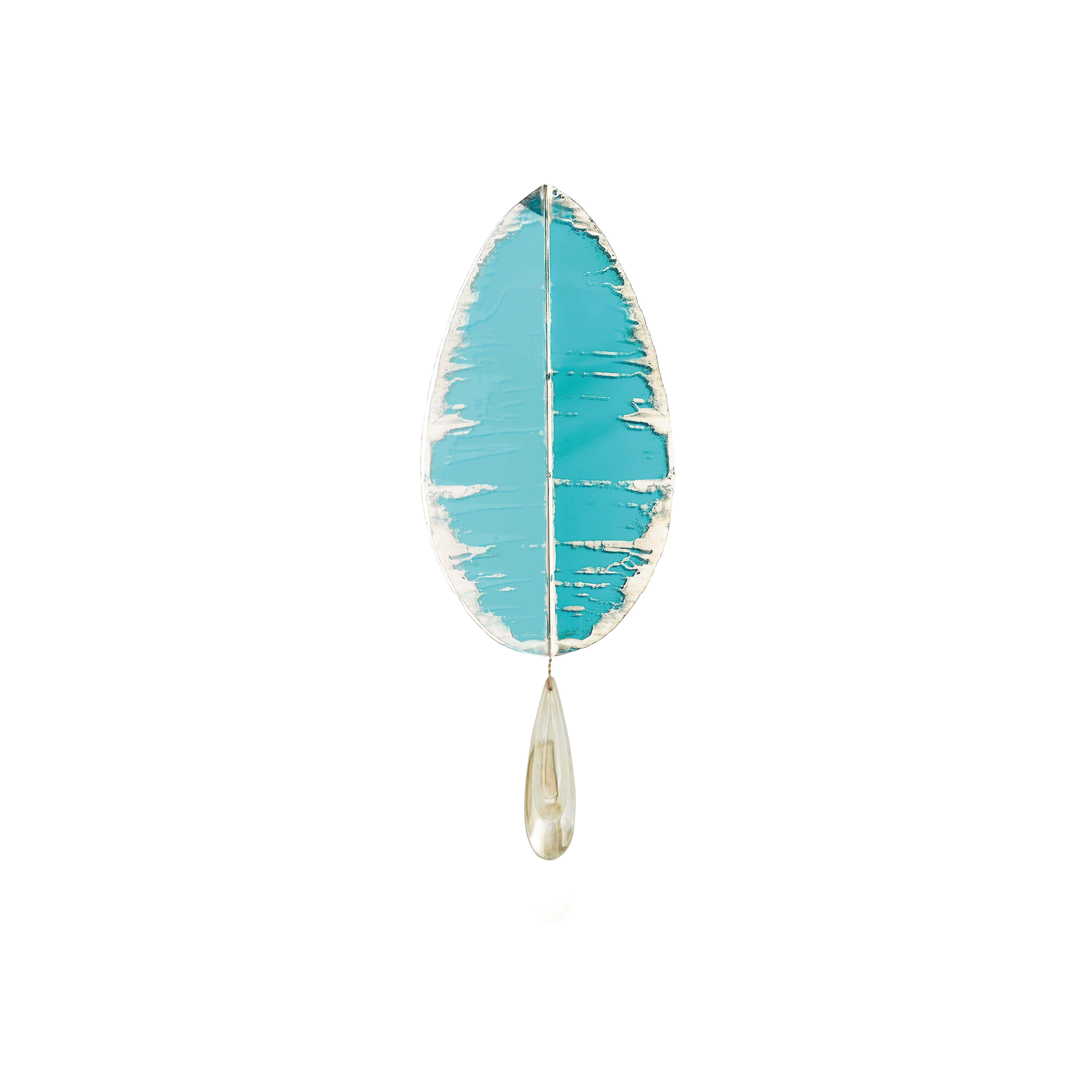 “Flame” Mini Contemporary Wall Sconce Aquamarine Silvered art Glass, brass